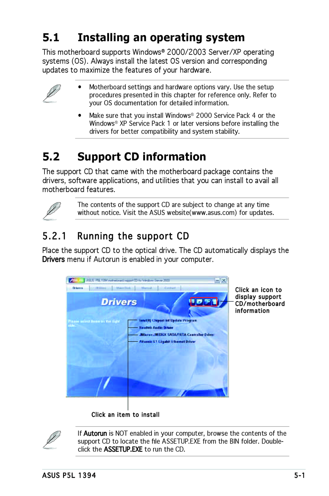 Asus P5L 1394 manual Installing an operating system, Support CD information, Running the support CD 