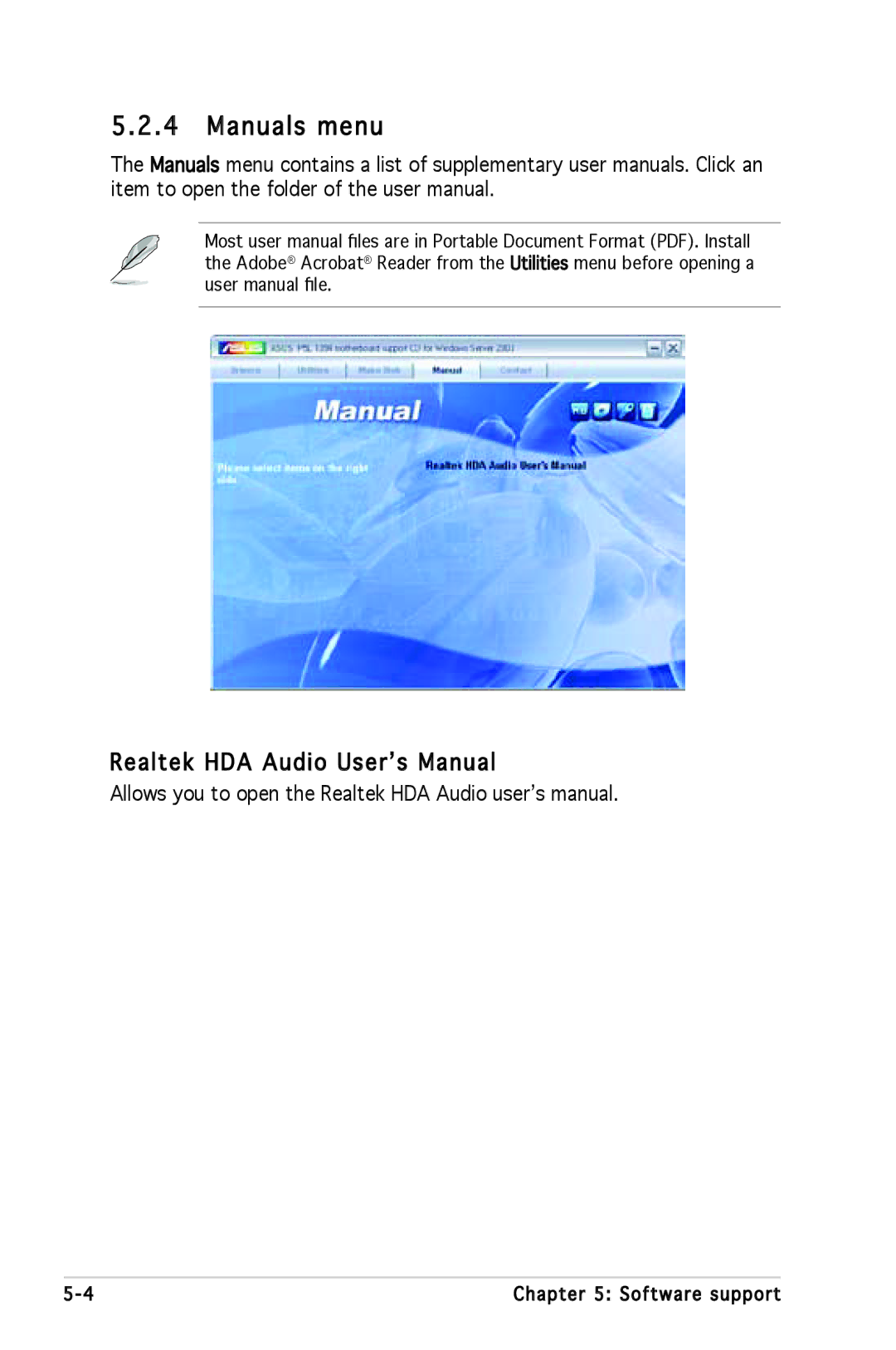 Asus P5L 1394 Manuals menu, Realtek HDA Audio User’s Manual, Allows you to open the Realtek HDA Audio user’s manual 