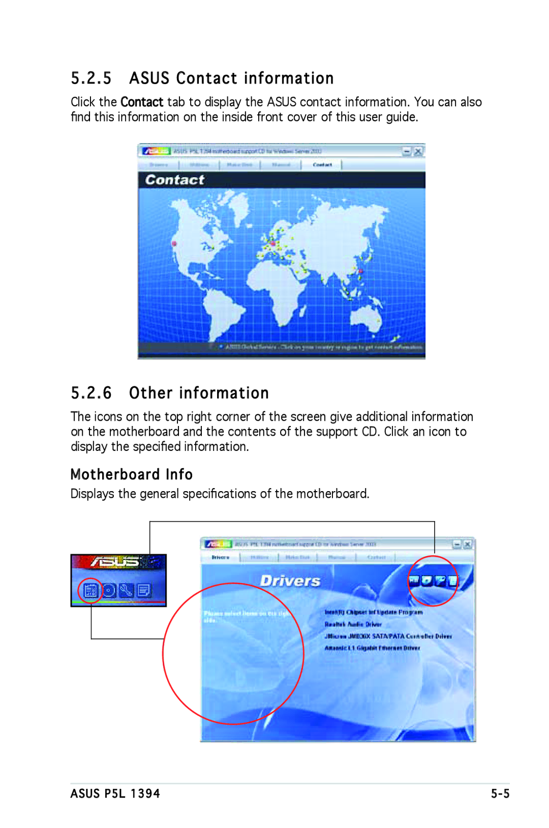 Asus P5L 1394 manual Asus Contact information, Other information, Motherboard Info 