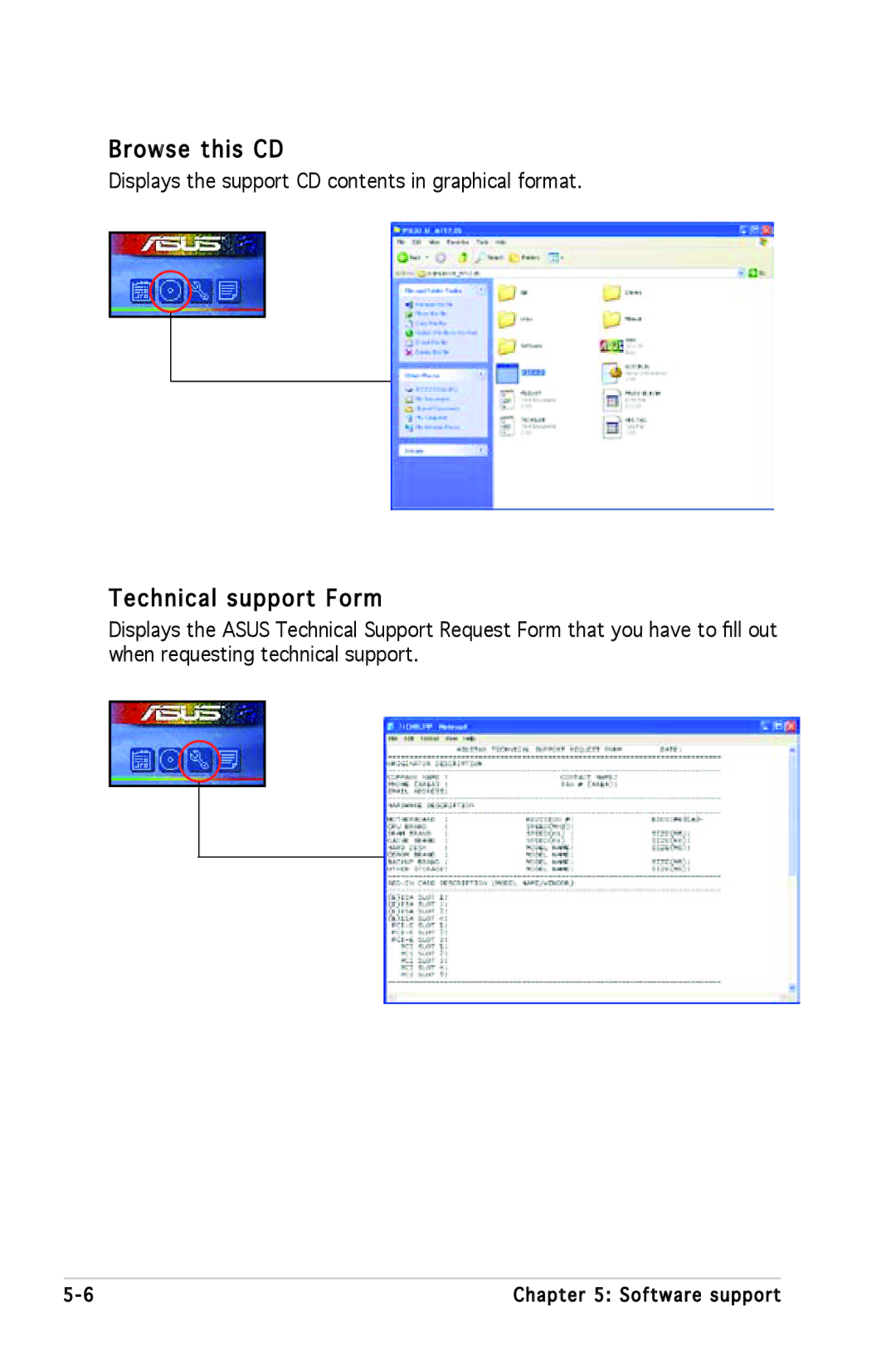 Asus P5L 1394 manual Browse this CD, Technical support Form, Displays the support CD contents in graphical format 