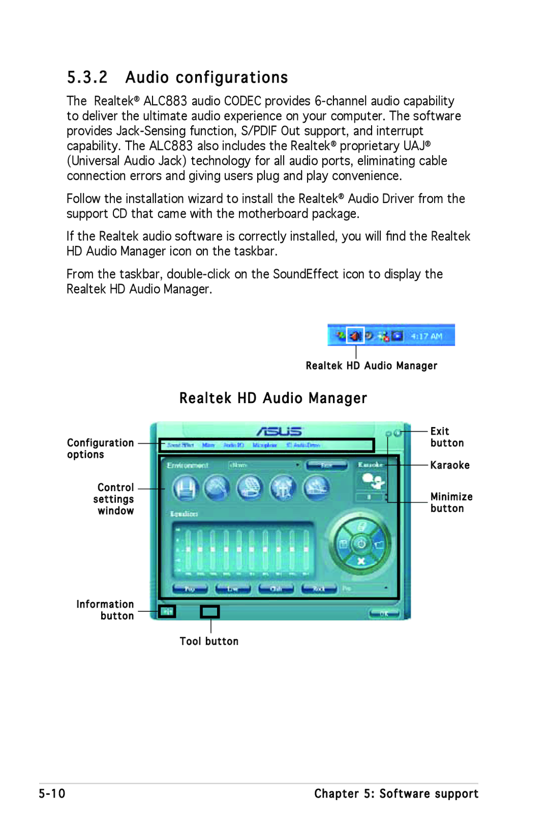 Asus P5L 1394 manual Audio configurations, Realtek HD Audio Manager 