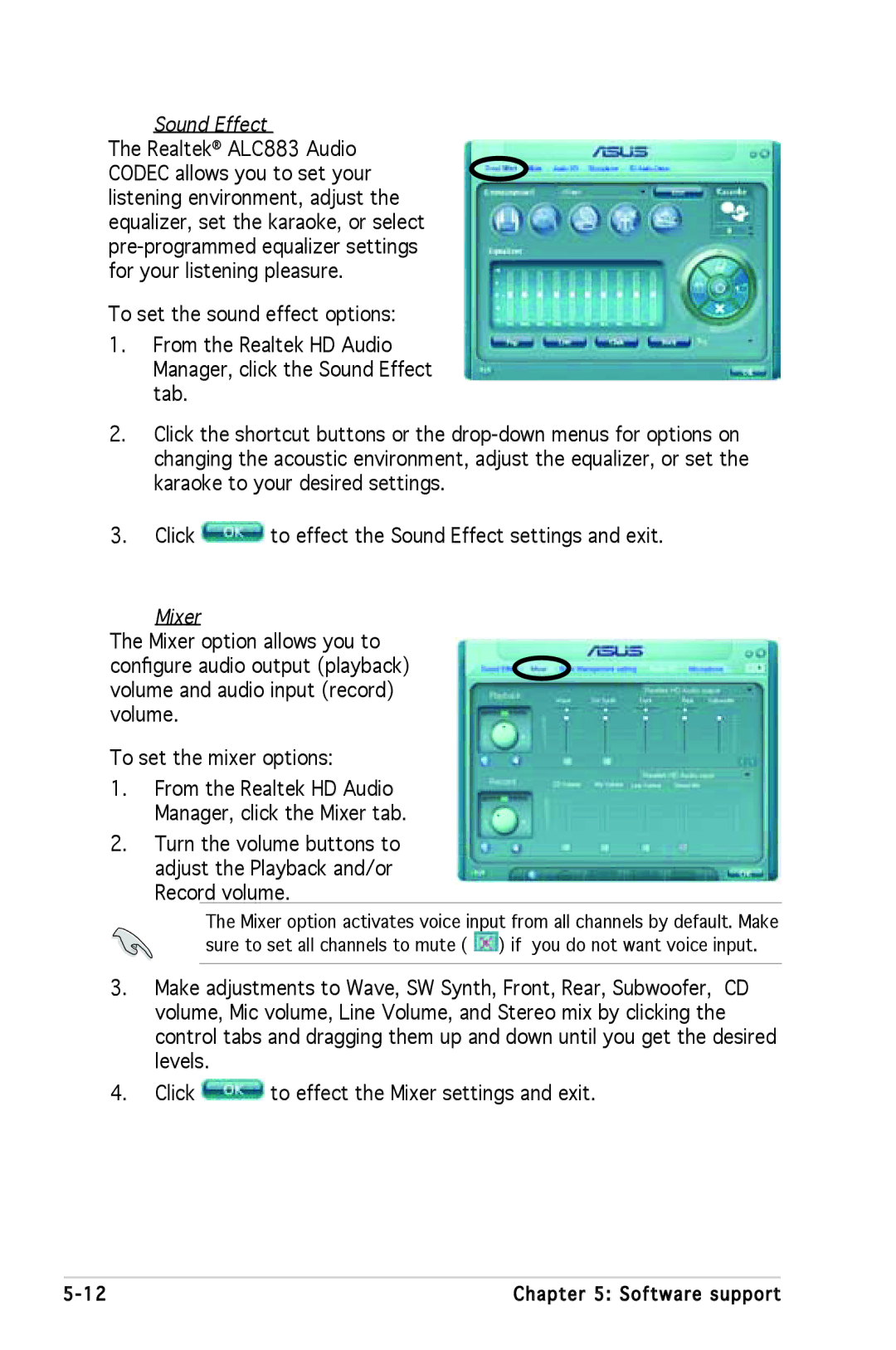 Asus P5L 1394 manual Sound Effect, Mixer 