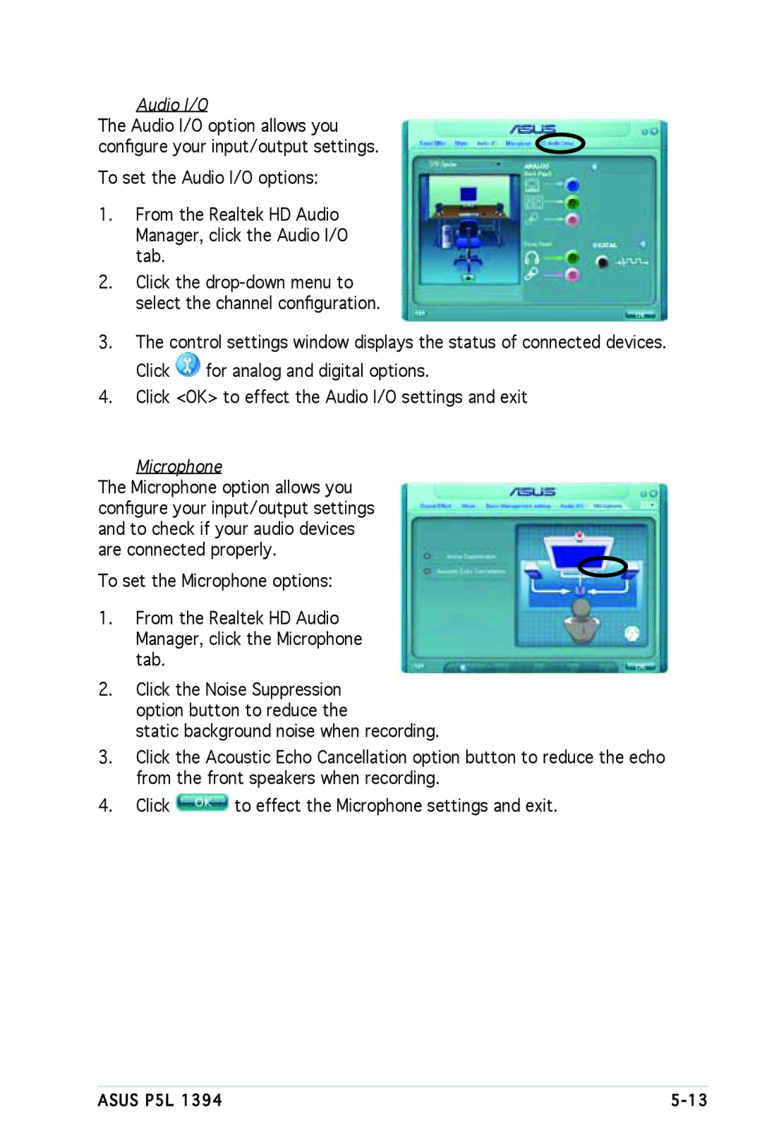 Asus P5L 1394 manual Audio I/O, Microphone 