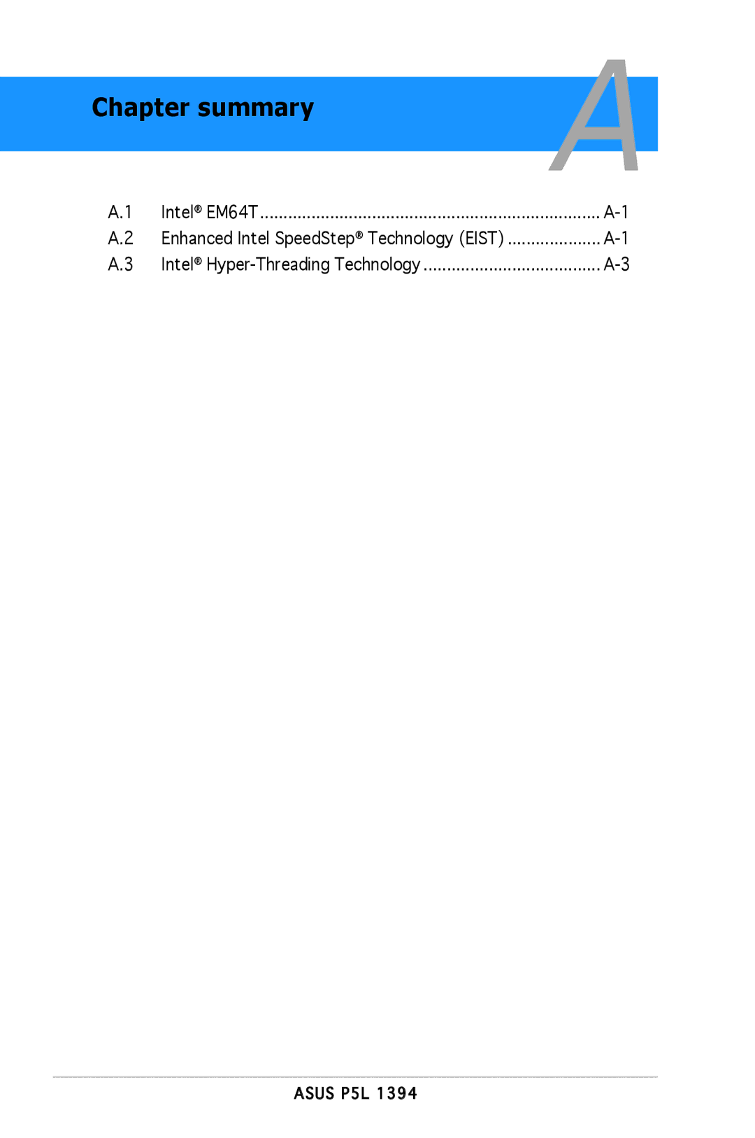 Asus P5L 1394 manual Chapter summary, Intel EM64T 