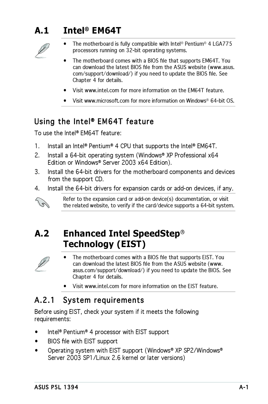 Asus P5L 1394 manual Enhanced Intel SpeedStep Technology Eist, Using the Intel EM64T feature, System requirements 