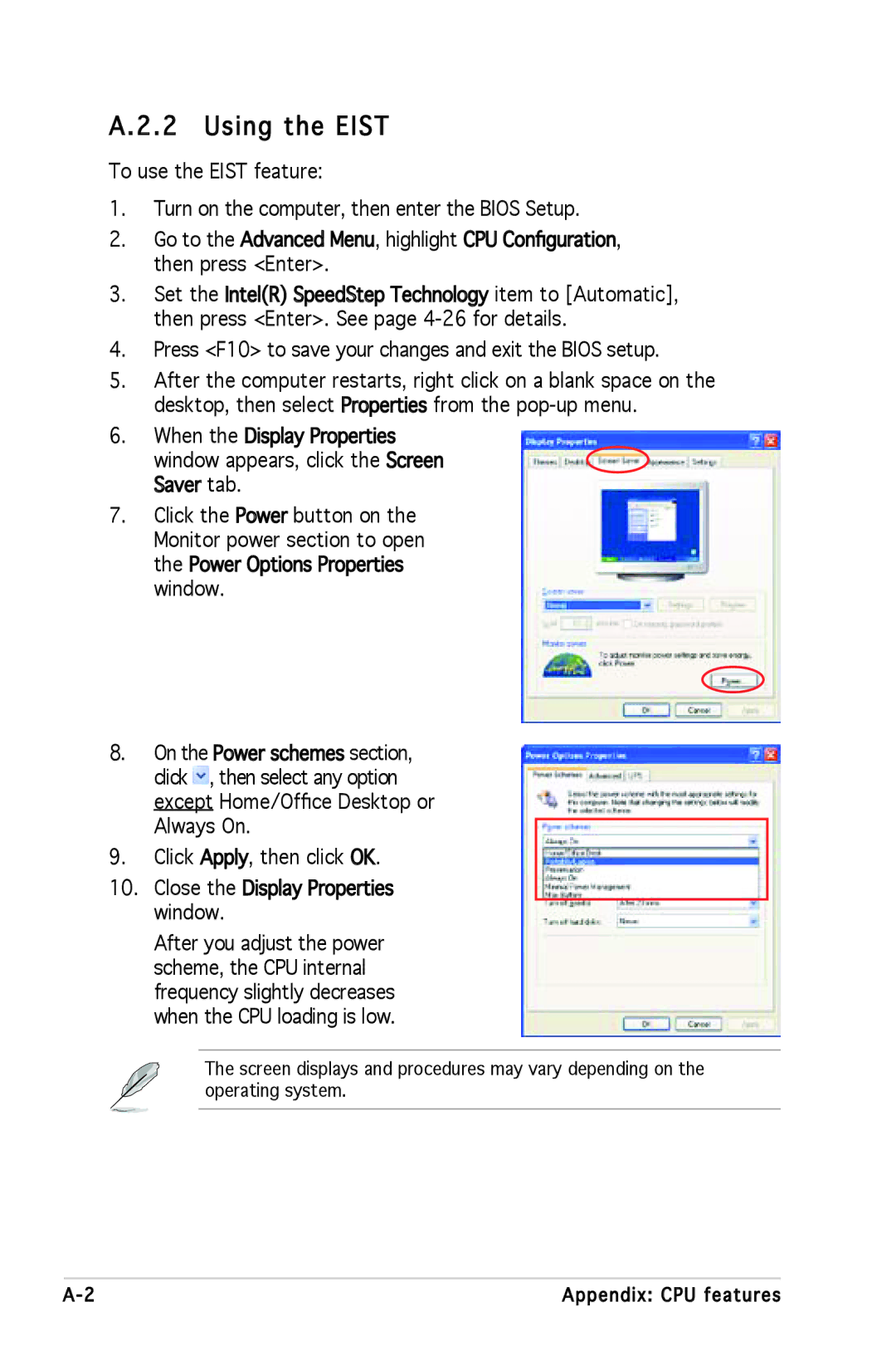 Asus P5L 1394 manual Using the Eist 