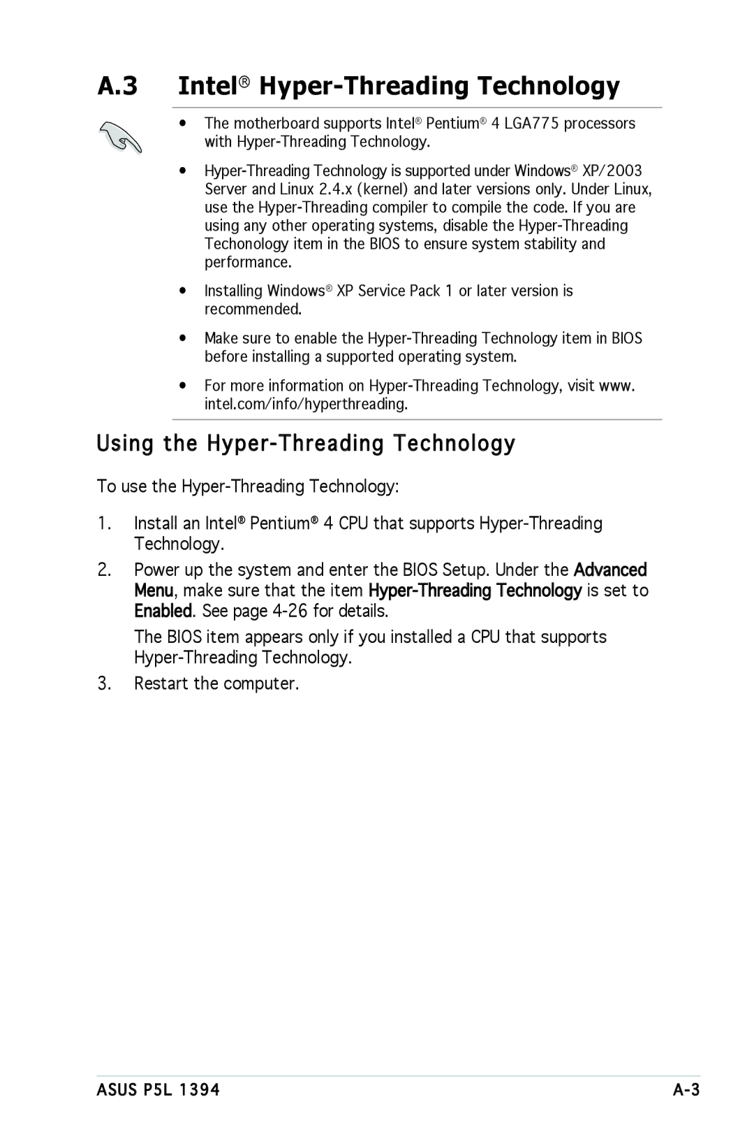 Asus P5L 1394 manual Intel Hyper-Threading Technology, Using the Hyper -Threading Technology 