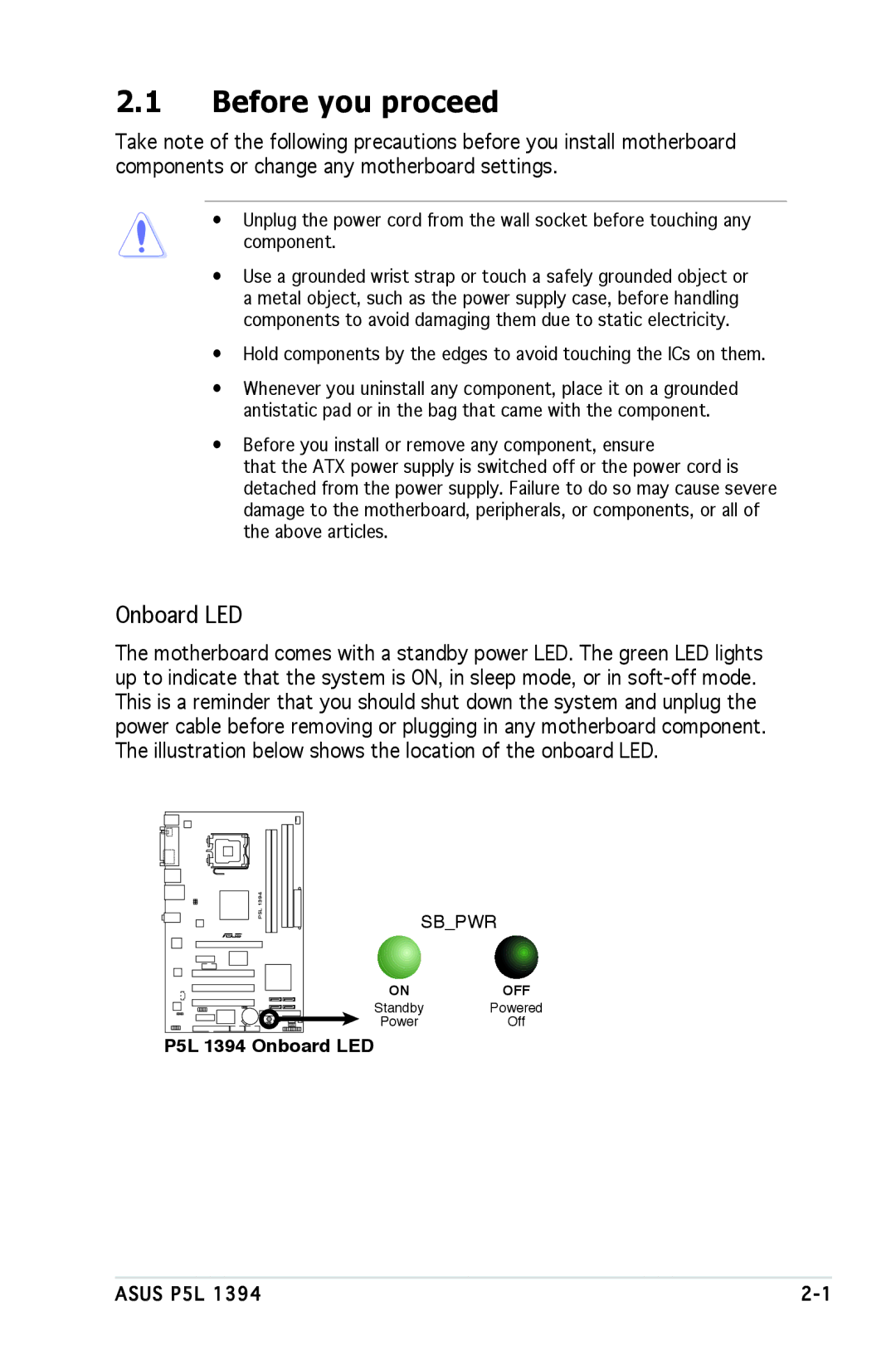 Asus P5L 1394 manual Before you proceed, Onboard LED 