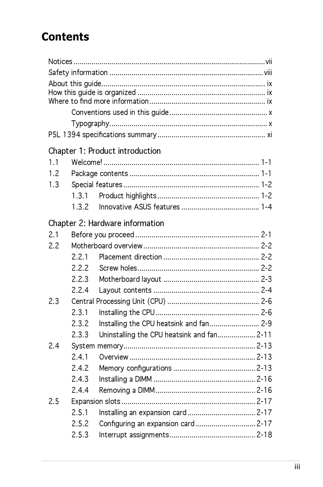 Asus P5L 1394 manual Contents 