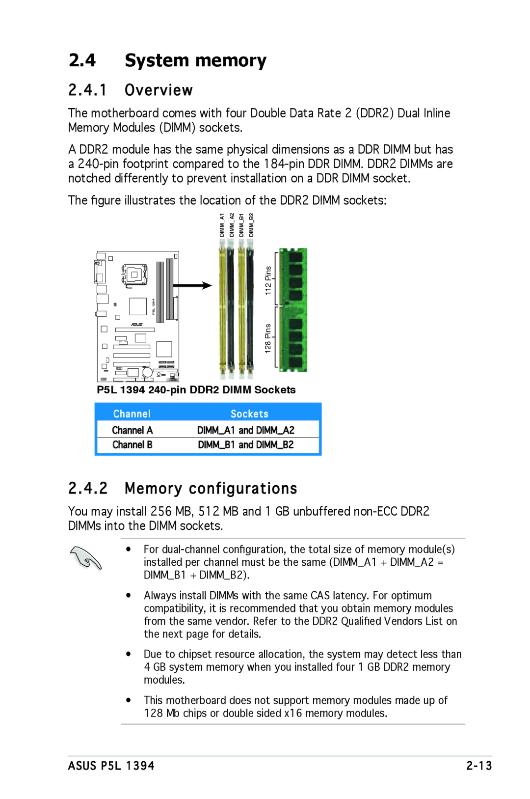 Asus P5L 1394 manual System memory, Overview, Memory configurations 