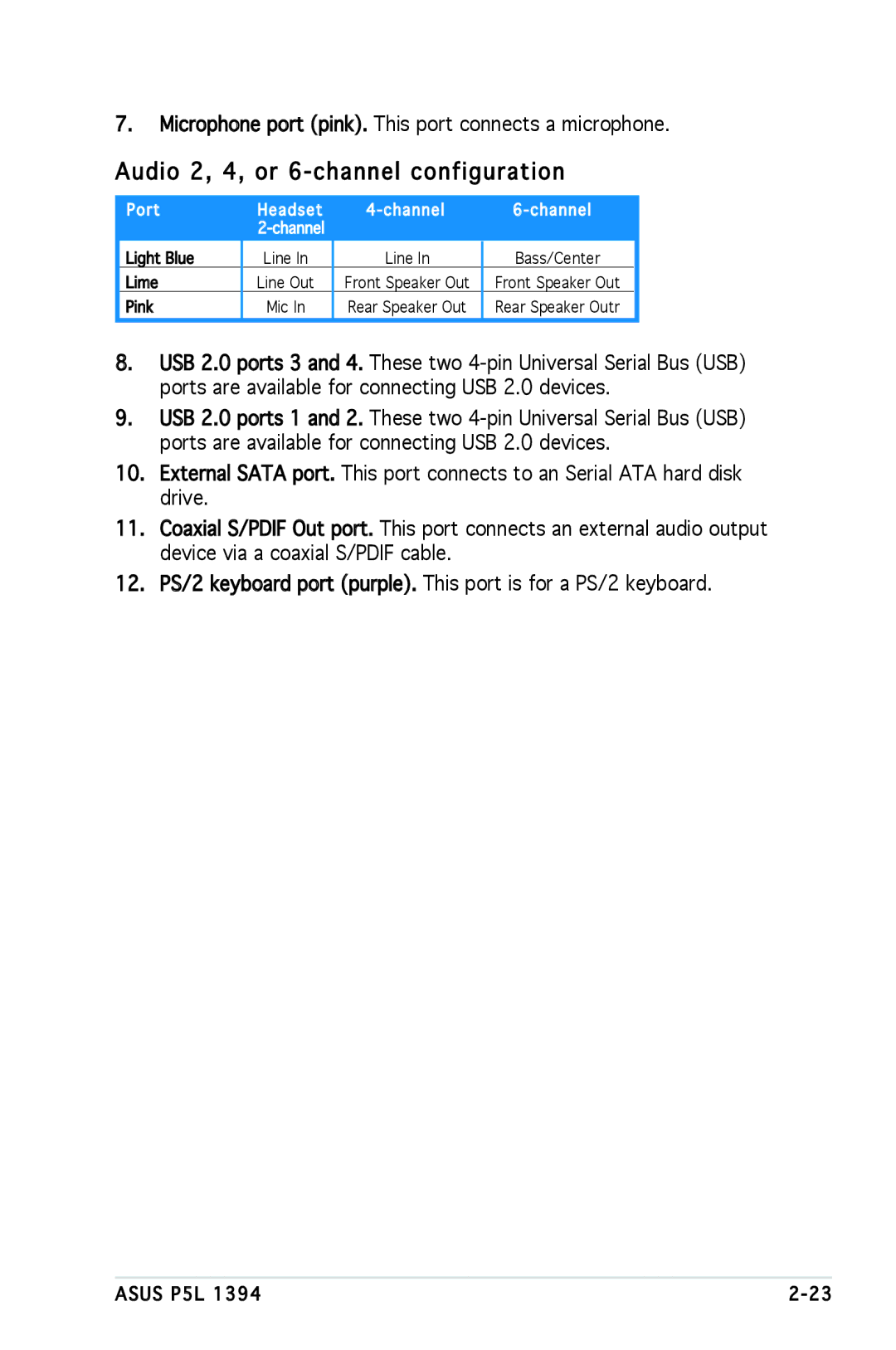 Asus P5L 1394 manual Audio 2, 4, or 6-channel configuration, Microphone port pink. This port connects a microphone 