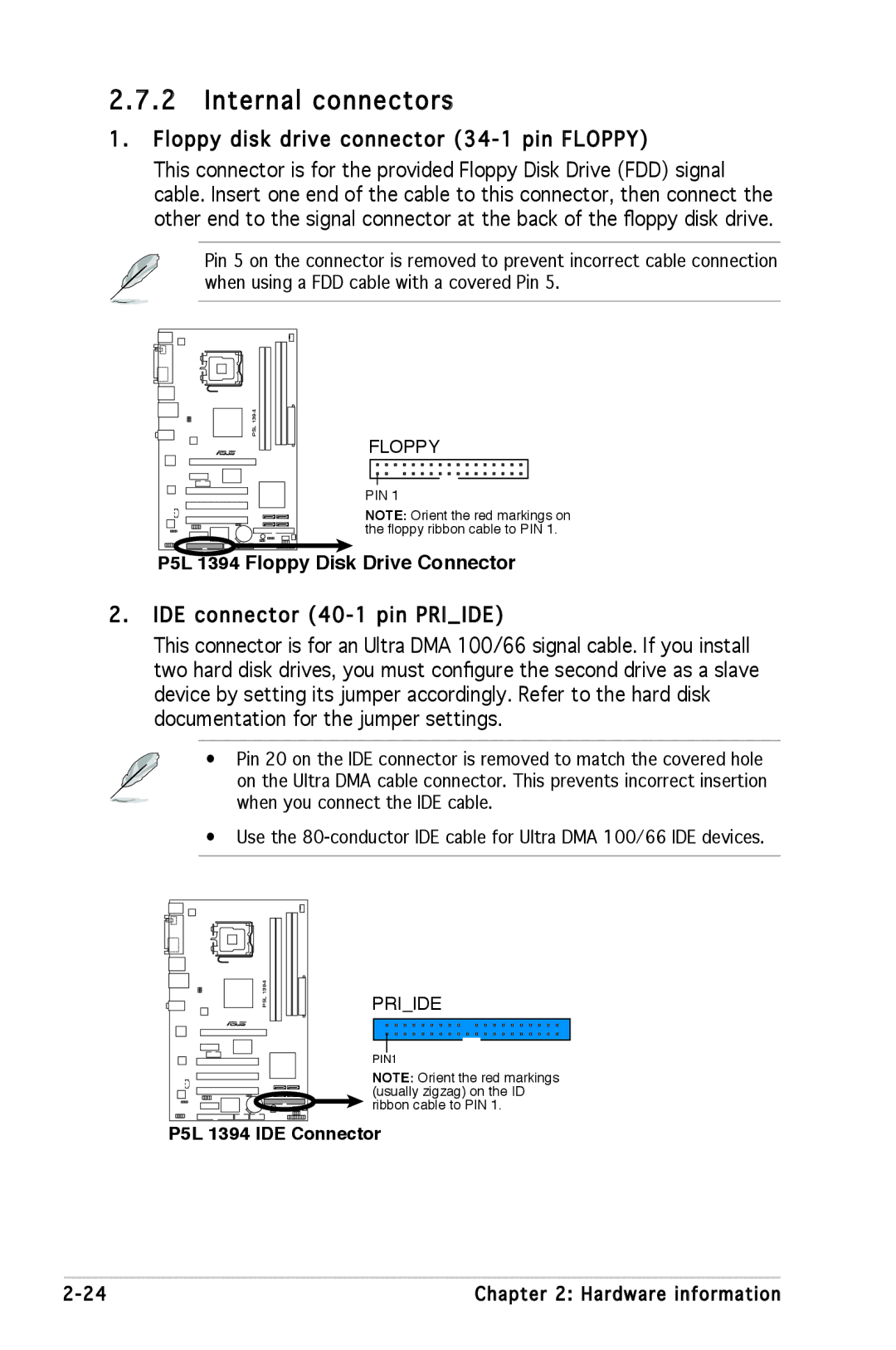 Asus P5L 1394 manual Internal connectors 