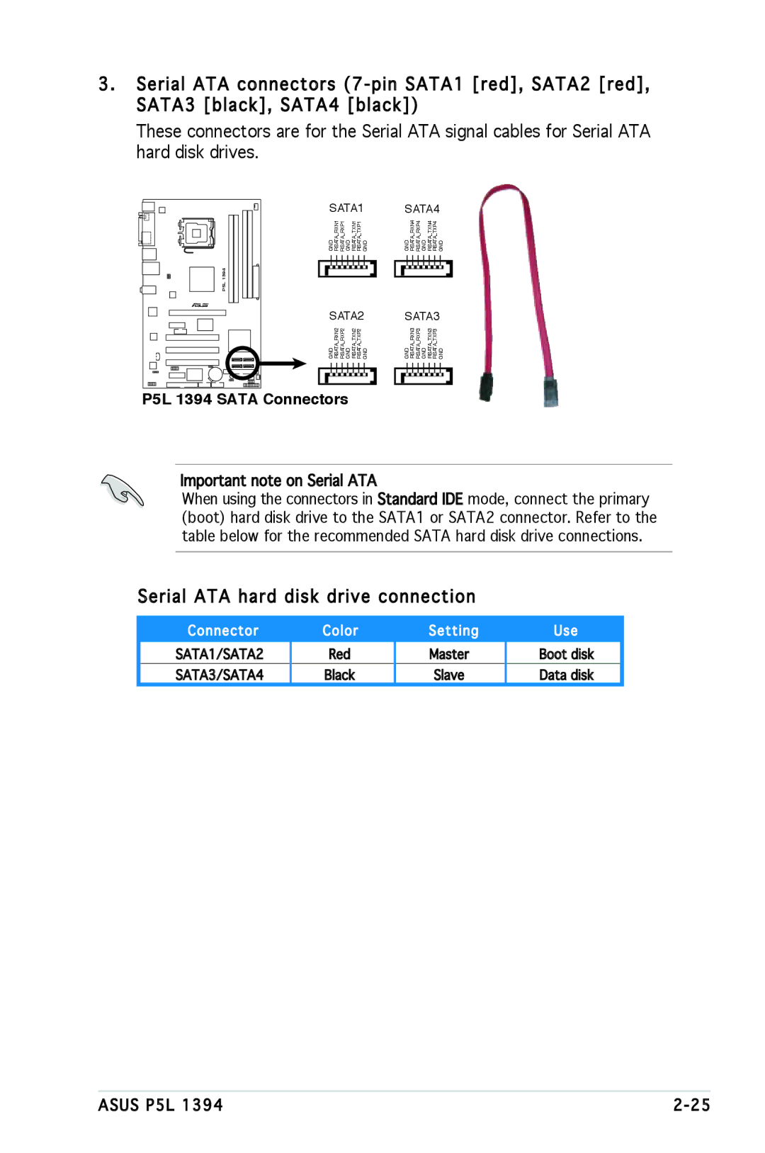 Asus P5L 1394 manual Serial ATA hard disk drive connection, SATA2 SATA3 