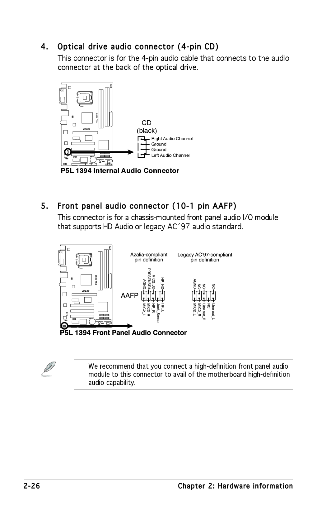 Asus manual P5L 1394 Internal Audio Connector 