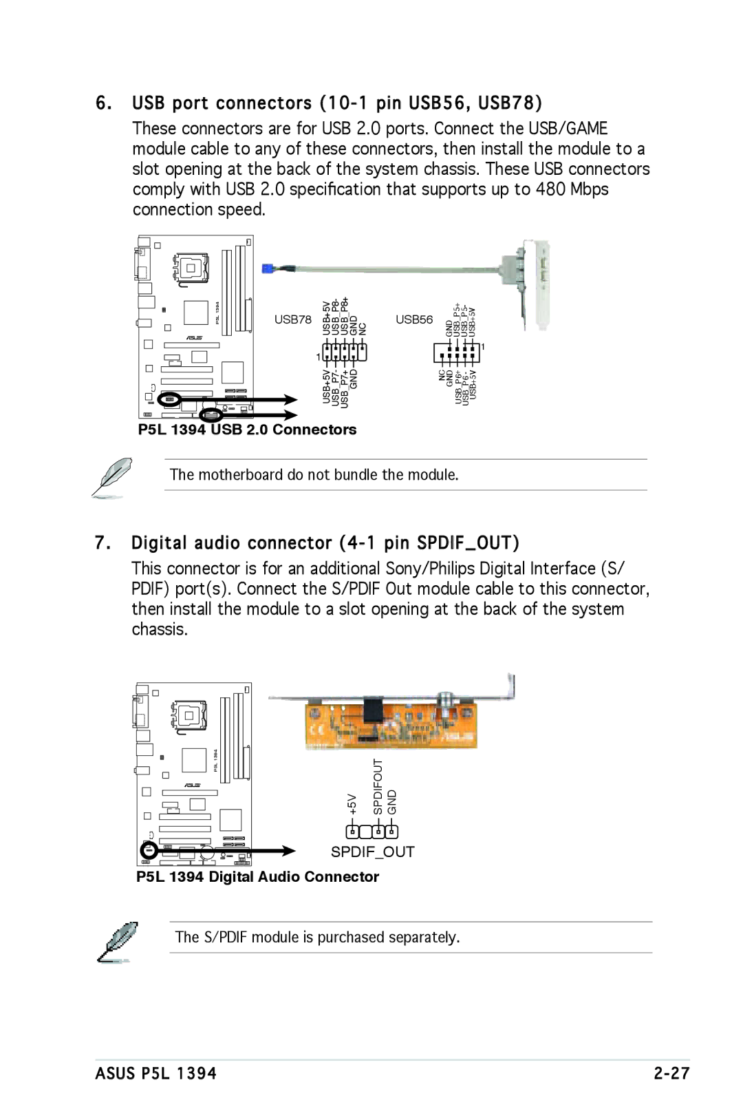 Asus manual P5L 1394 Digital Audio Connector 