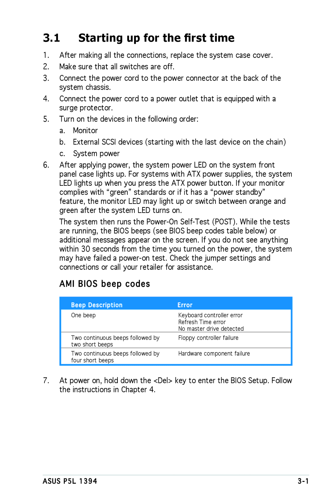 Asus P5L 1394 manual Starting up for the first time, AMI Bios beep codes 