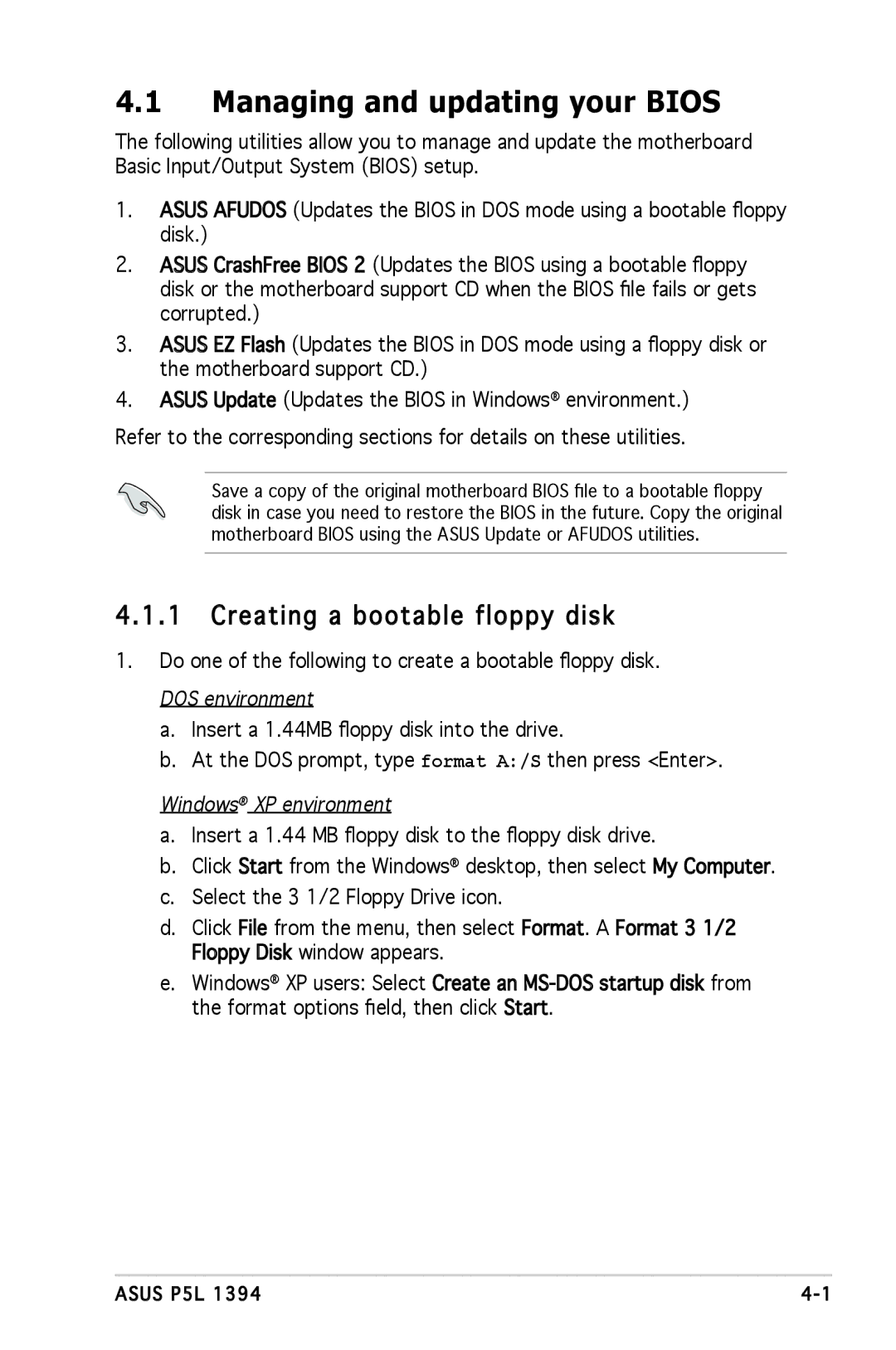 Asus P5L 1394 Managing and updating your Bios, Creating a bootable floppy disk, DOS environment, Windows XP environment 