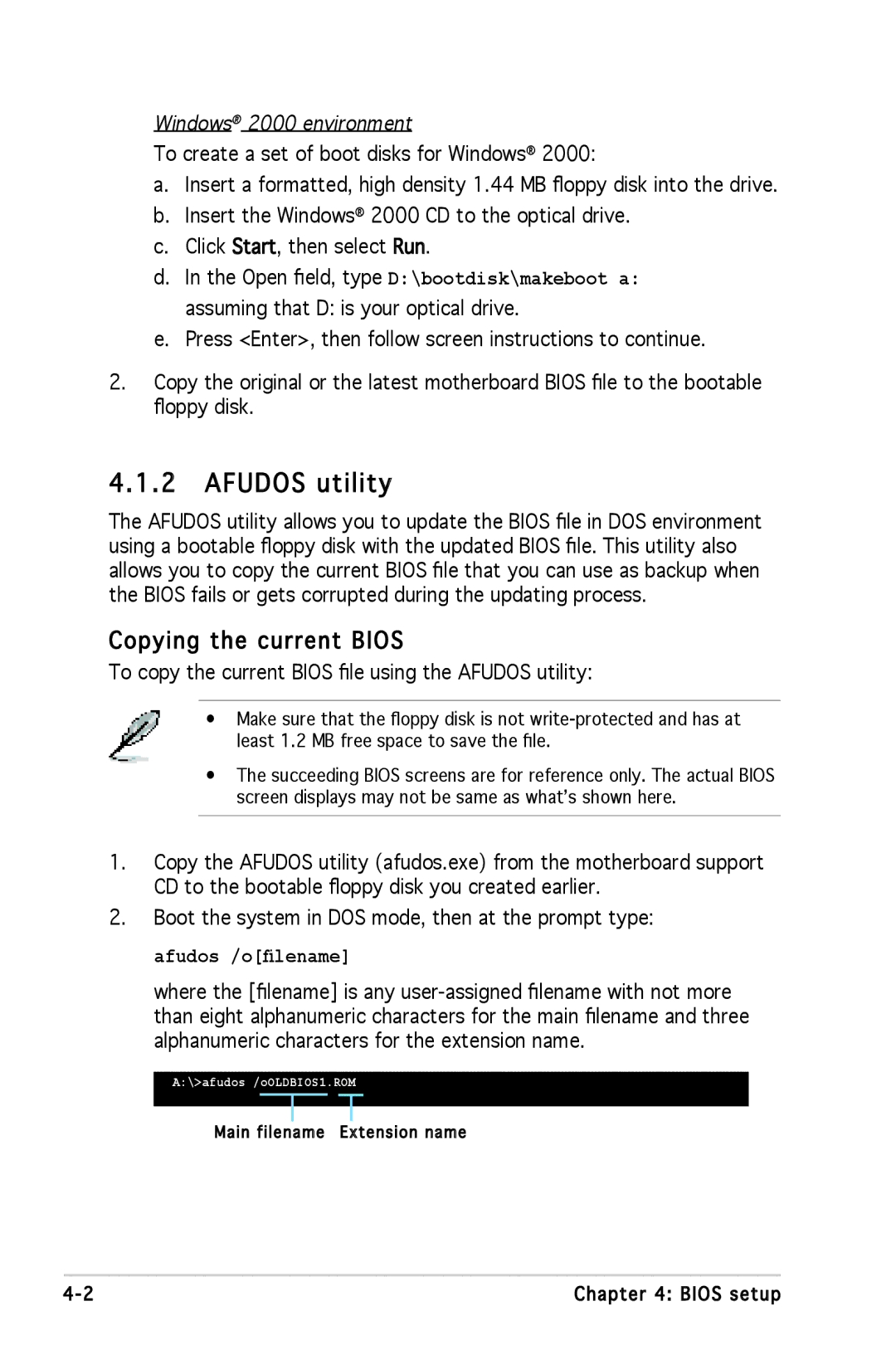 Asus P5L 1394 manual Afudos utility, Copying the current Bios, Windows 2000 environment 