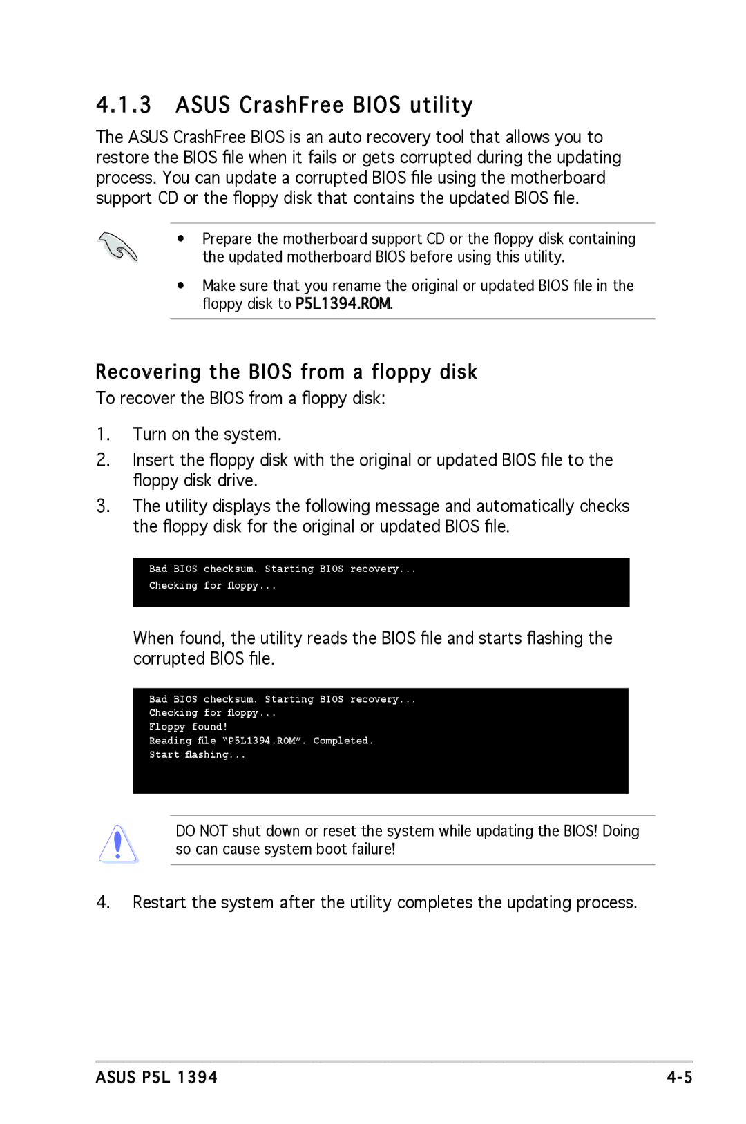 Asus P5L 1394 manual Asus CrashFree Bios utility, Recovering the Bios from a floppy disk 