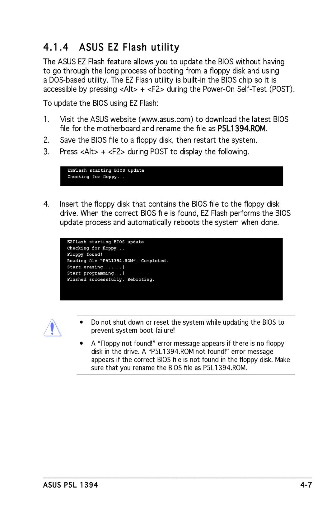 Asus P5L 1394 manual Asus EZ Flash utility 