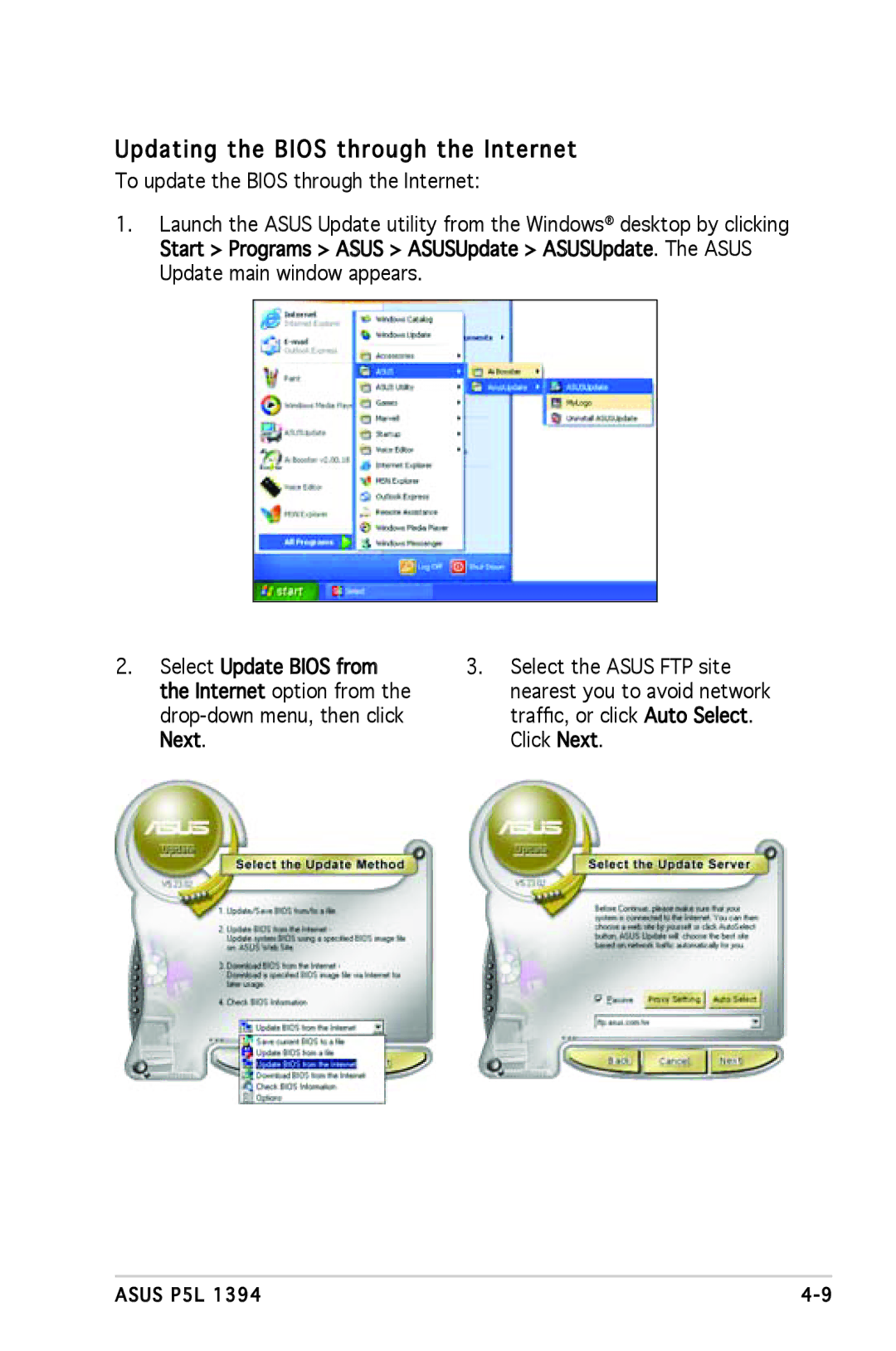 Asus P5L 1394 manual Updating the Bios through the Internet 