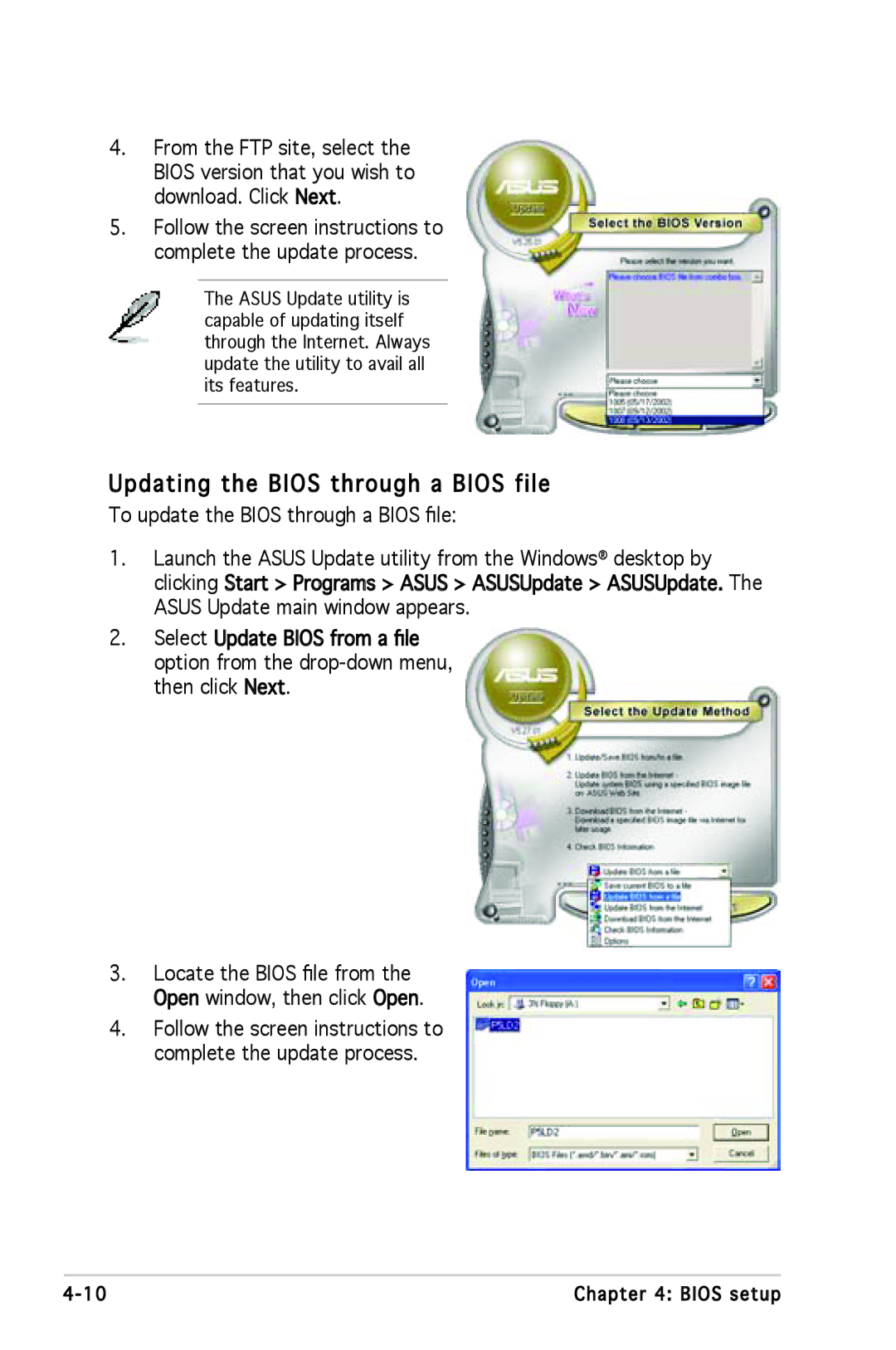 Asus P5L 1394 manual Updating the Bios through a Bios file 