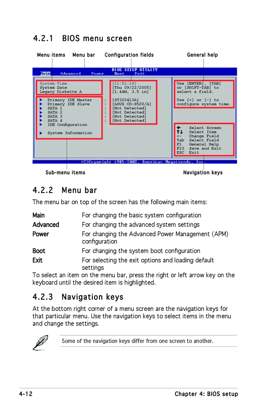 Asus P5L 1394 manual Bios menu screen, Menu bar, Navigation keys, Configuration 