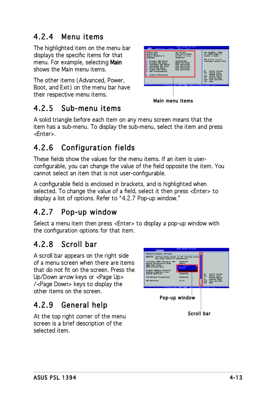 Asus P5L 1394 manual Menu items, Sub-menu items, Configuration fields, Pop-up window, Scroll bar, General help 