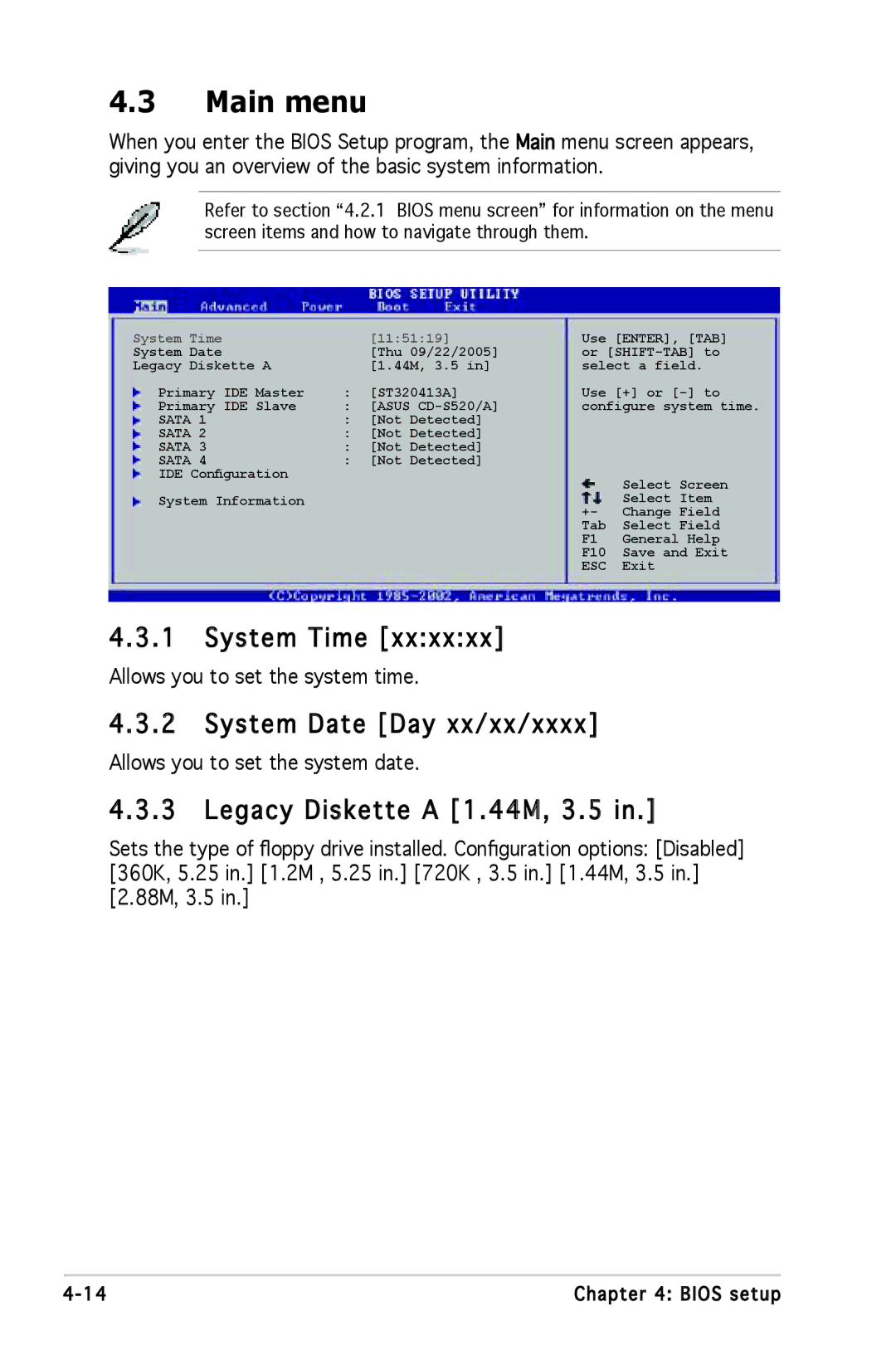 Asus P5L 1394 manual Main menu, System Time, System Date Day xx/xx/xxxx, Legacy Diskette a 1 .44M, 3.5 