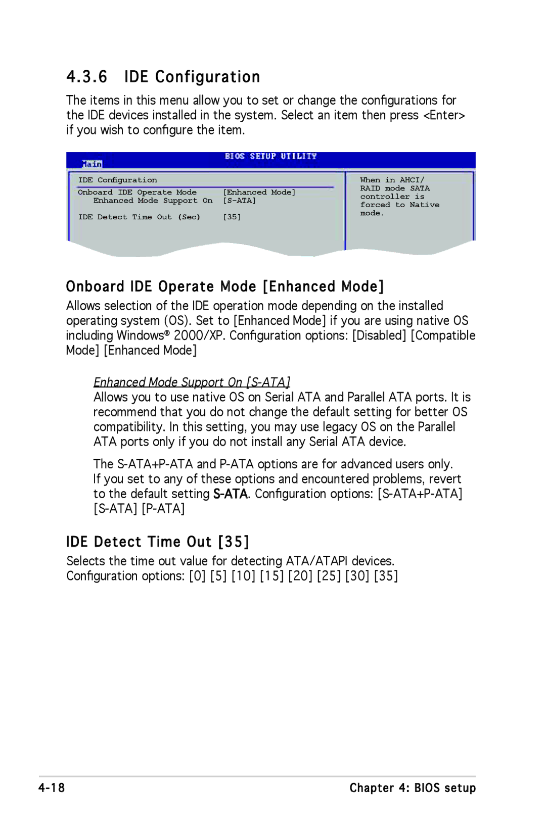 Asus P5L 1394 manual IDE Configuration, Onboard IDE Operate Mode Enhanced Mode, IDE Detect Time Out 