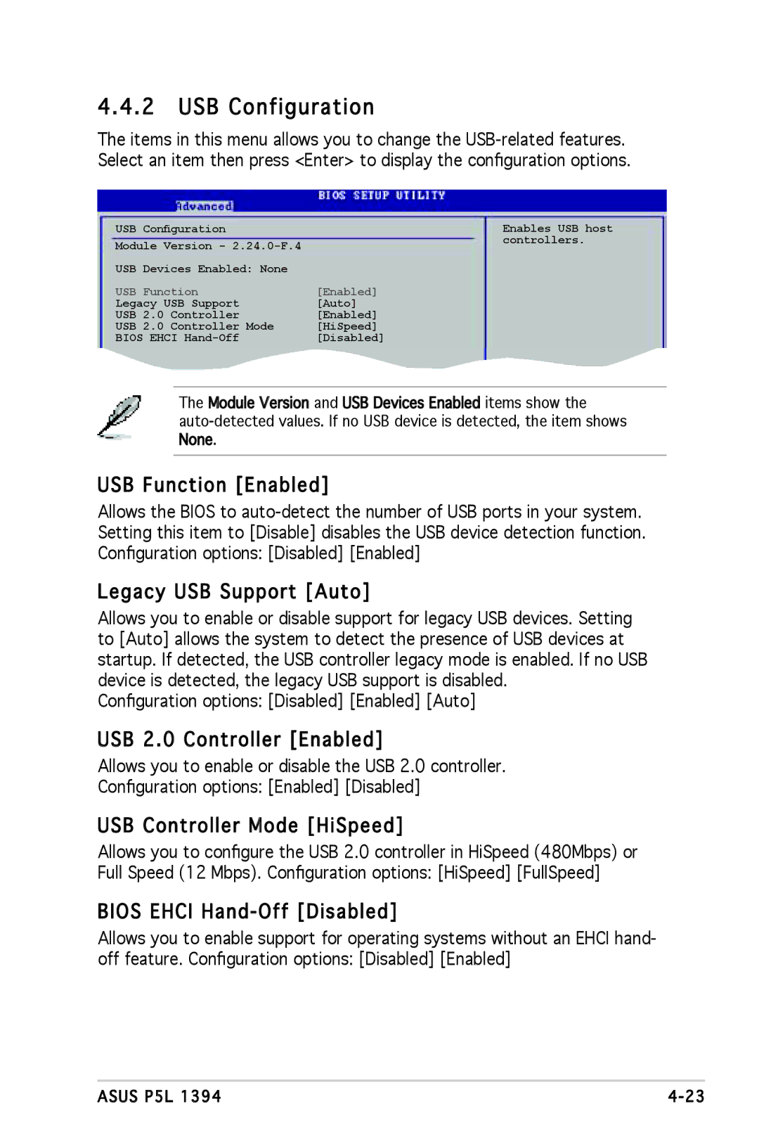 Asus P5L 1394 manual USB Configuration 