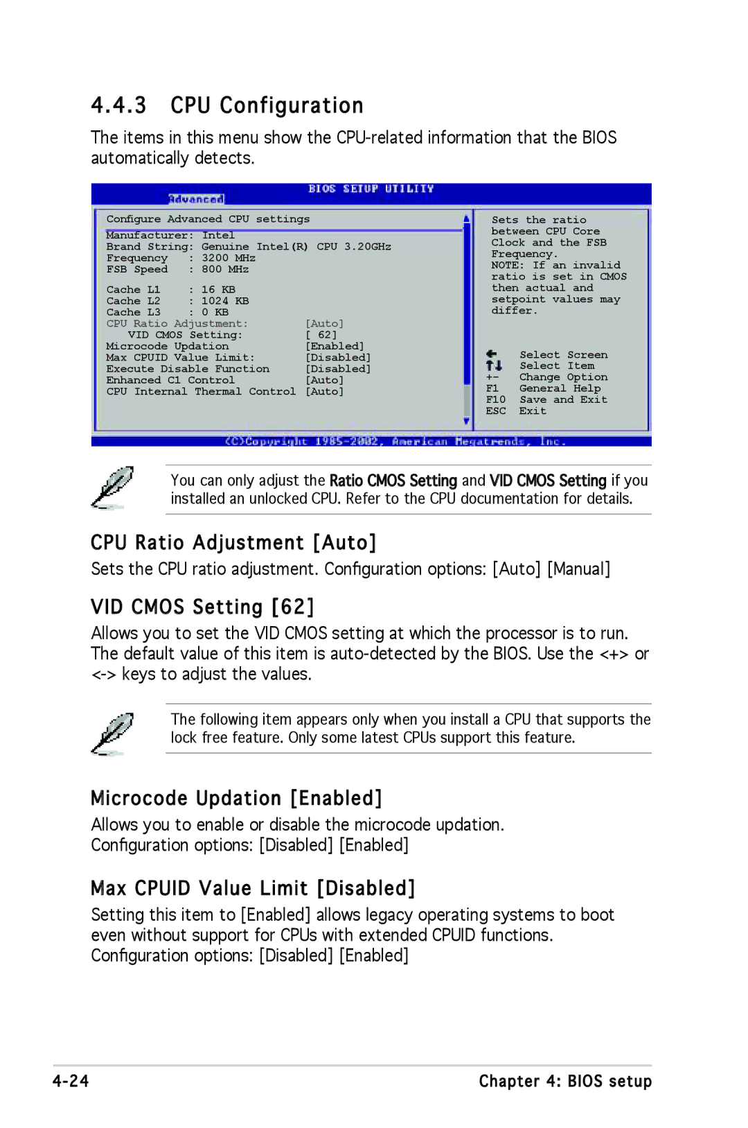 Asus P5L 1394 manual CPU Configuration, CPU Ratio Adjustment Auto, VID Cmos Setting, Microcode Updation Enabled 