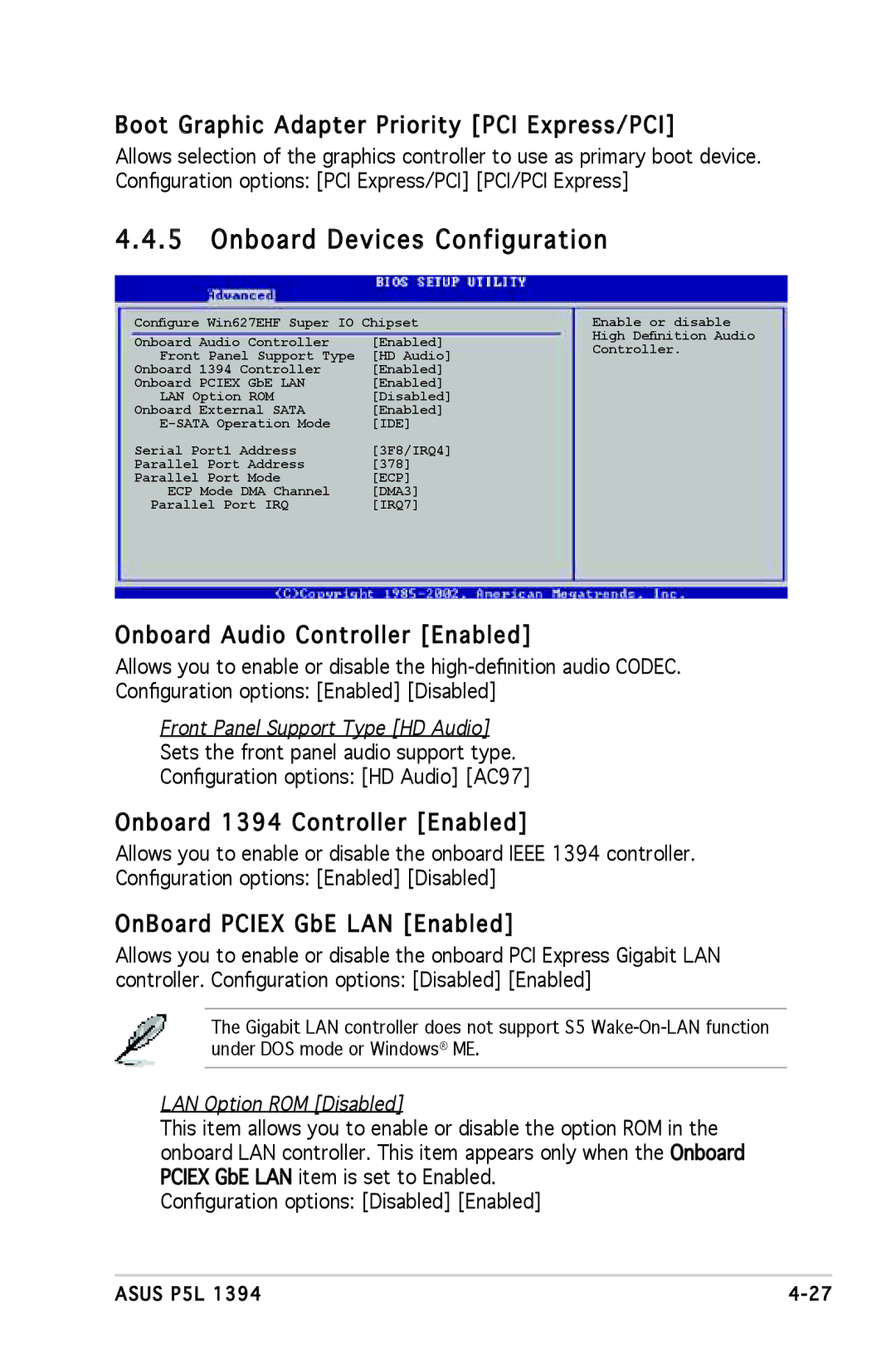 Asus P5L 1394 Onboard Devices Configuration, Boot Graphic Adapter Priority PCI Express/PCI, OnBoard Pciex GbE LAN Enabled 