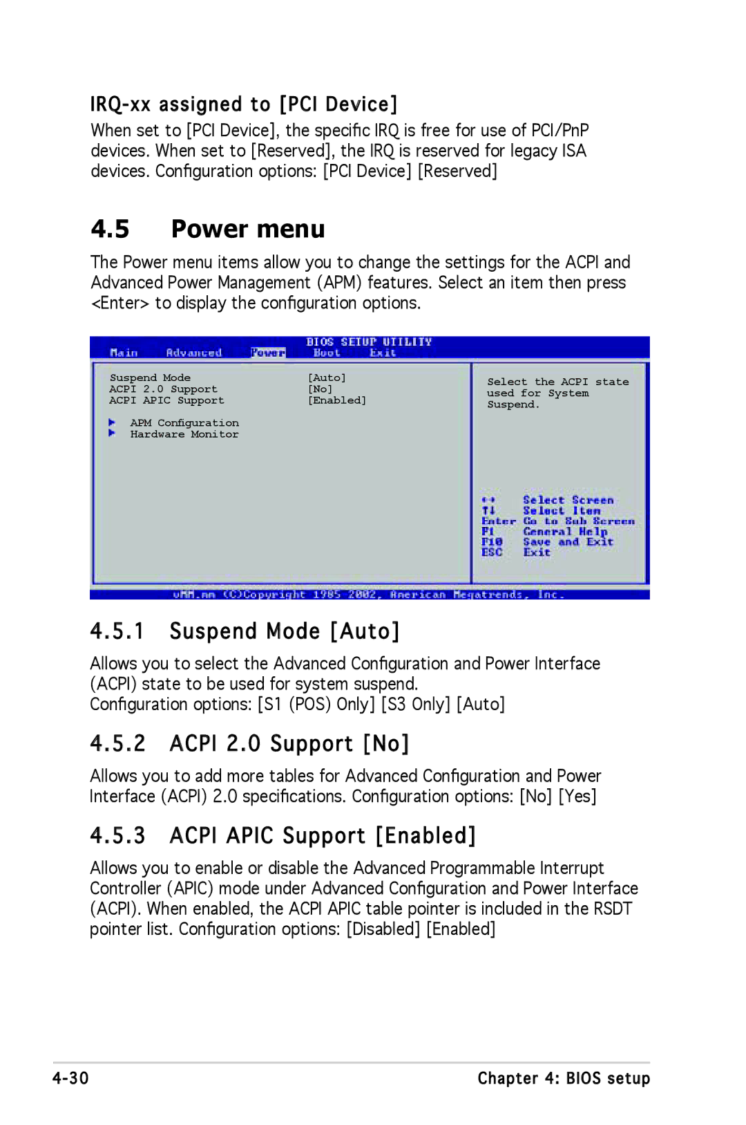 Asus P5L 1394 manual Power menu, Suspend Mode Auto, Acpi 2.0 Support No, Acpi Apic Support Enabled 