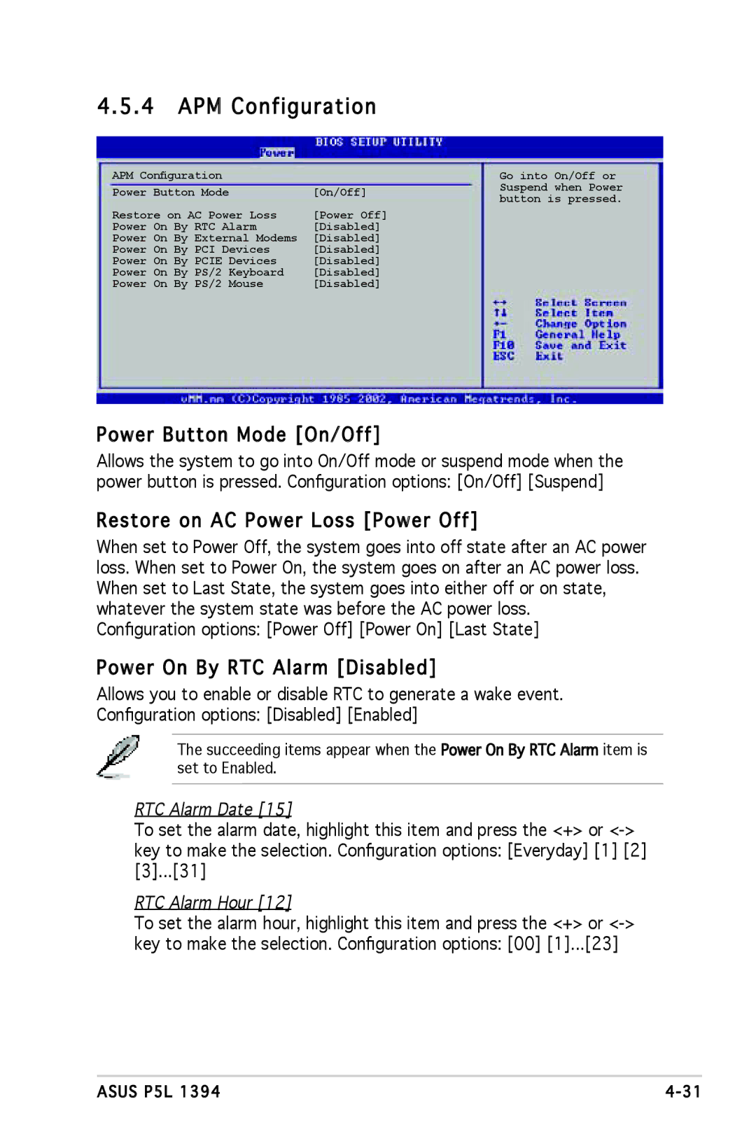 Asus P5L 1394 manual APM Configuration, Power Button Mode On/Off, Restore on AC Power Loss Power Off 