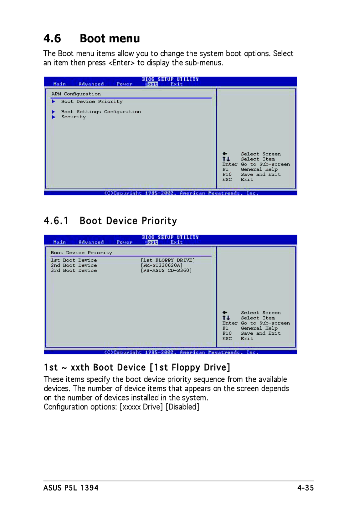 Asus P5L 1394 manual Boot menu, Boot Device Priority, 1st ~ xxth Boot Device 1st Floppy Drive 