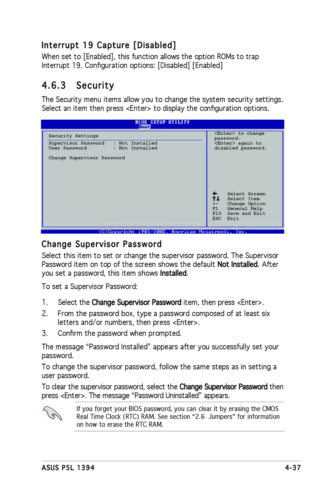 Asus P5L 1394 manual Security, Interrupt 19 Capture Disabled, Change Supervisor Password 