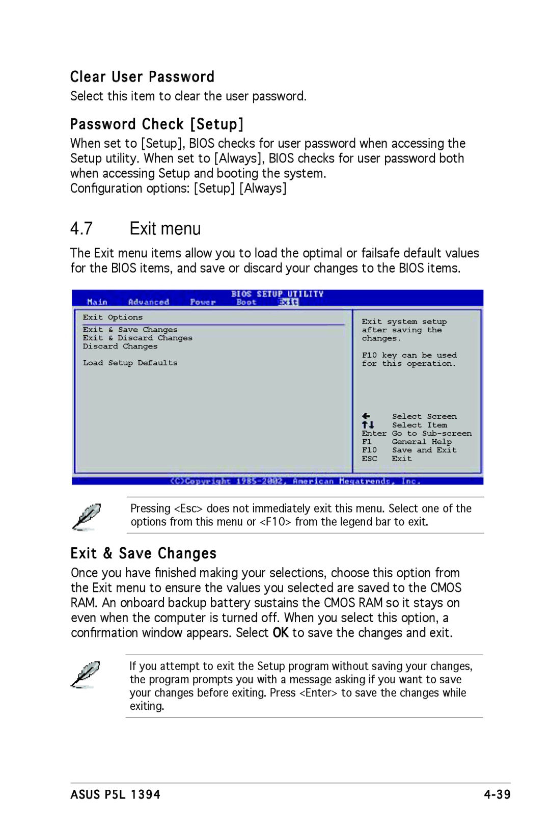 Asus P5L 1394 manual Exit menu, Clear User Password, Password Check Setup, Exit & Save Changes 