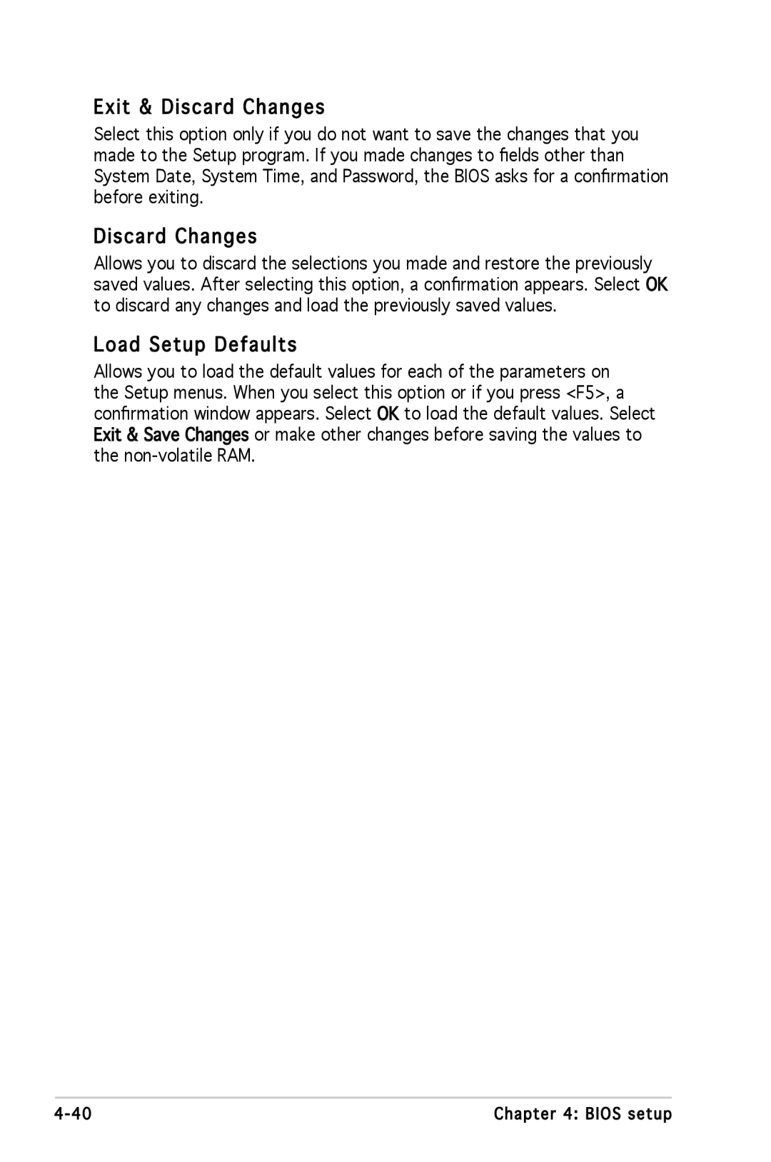 Asus P5L 1394 manual Exit & Discard Changes, Load Setup Defaults 