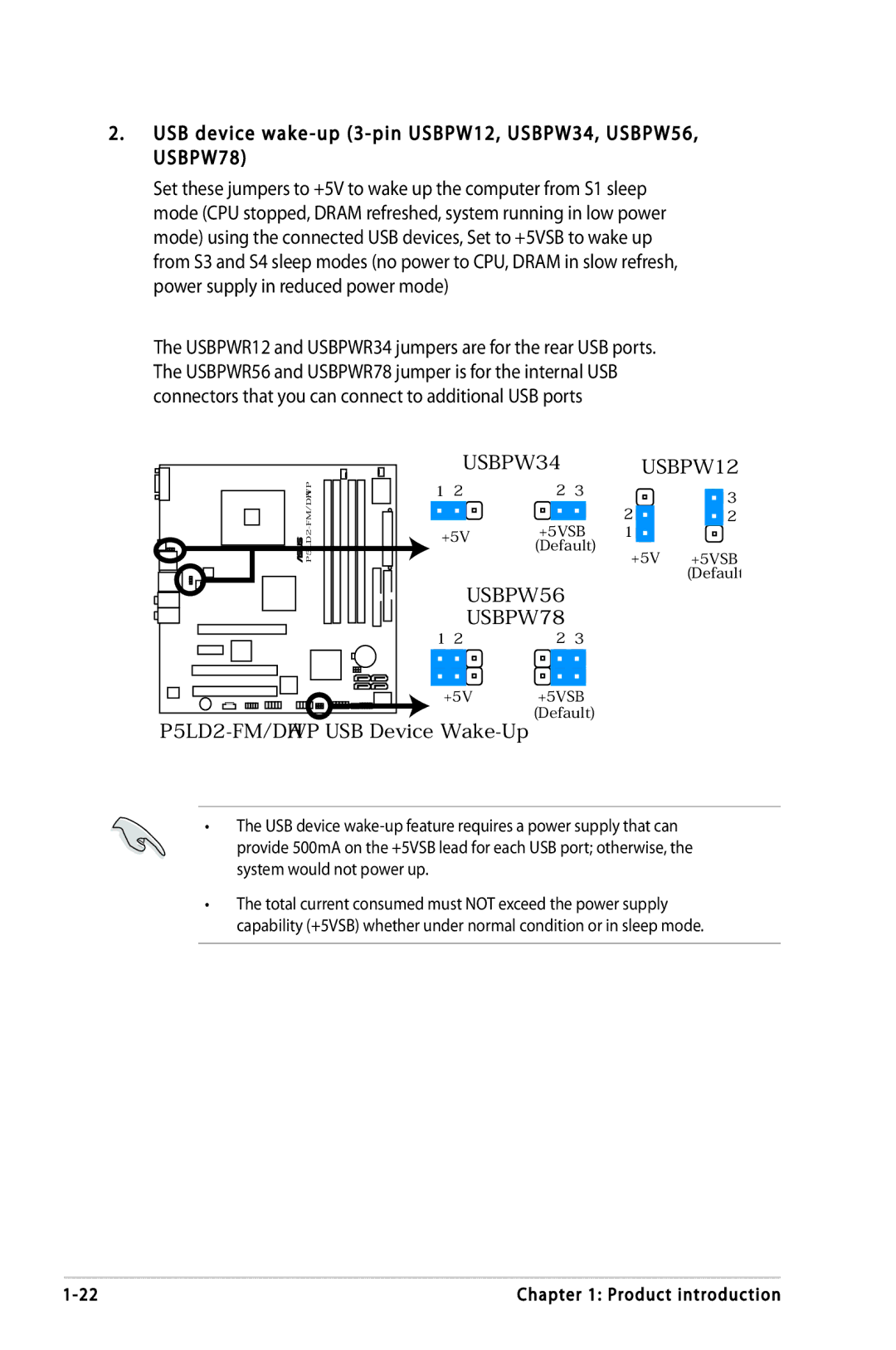 Asus P5LD2-FM, P5LD2-VP, P5LD2-DH manual USB device wake -up 3-pin USBPW12, USBPW34, USBPW56, USBPW78 