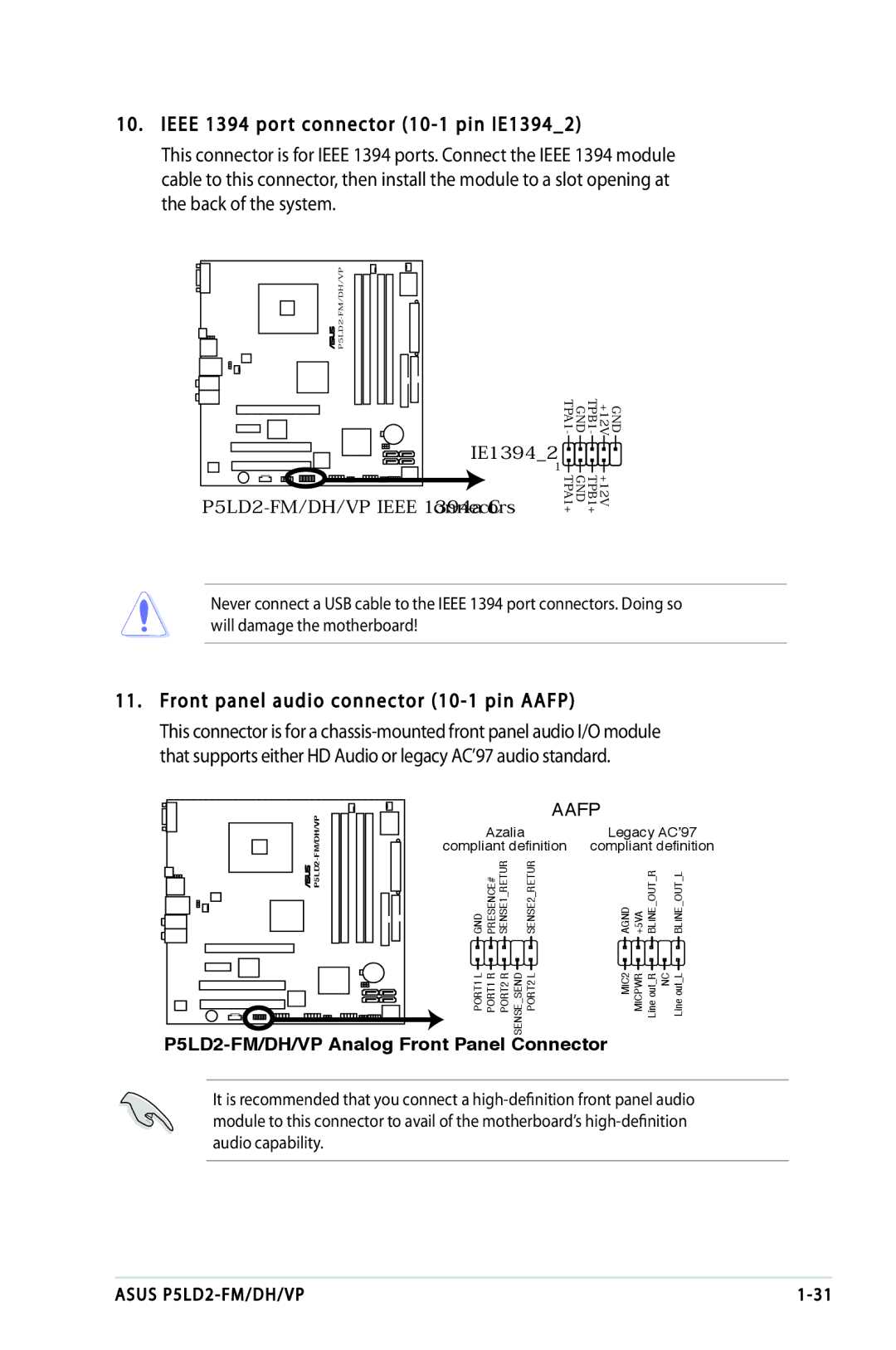 Asus P5LD2-FM, P5LD2-VP, P5LD2-DH manual Front panel audio connector 10-1 pin Aafp 