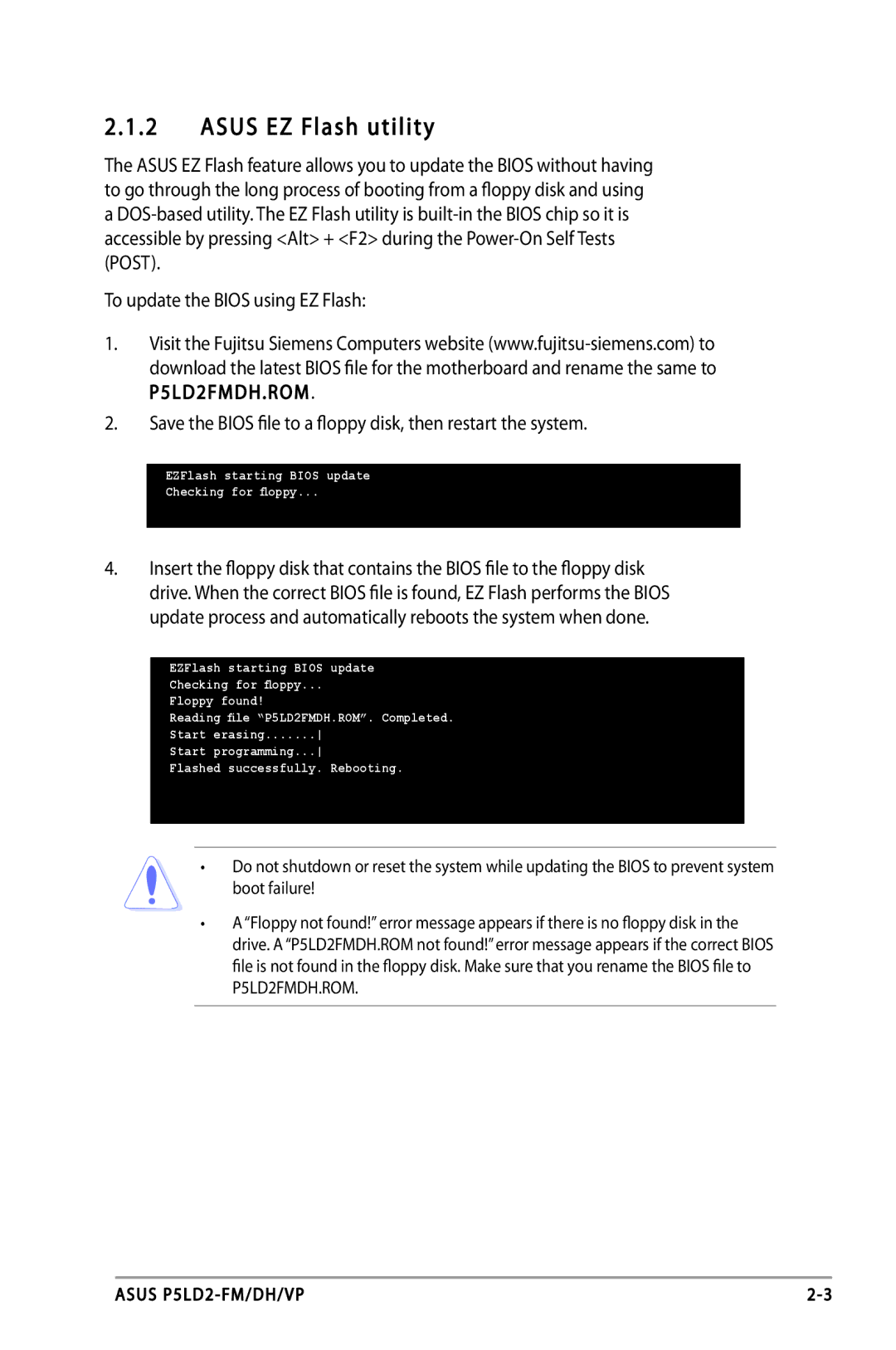 Asus P5LD2-DH, P5LD2-VP, P5LD2-FM manual Asus EZ Flash utility 