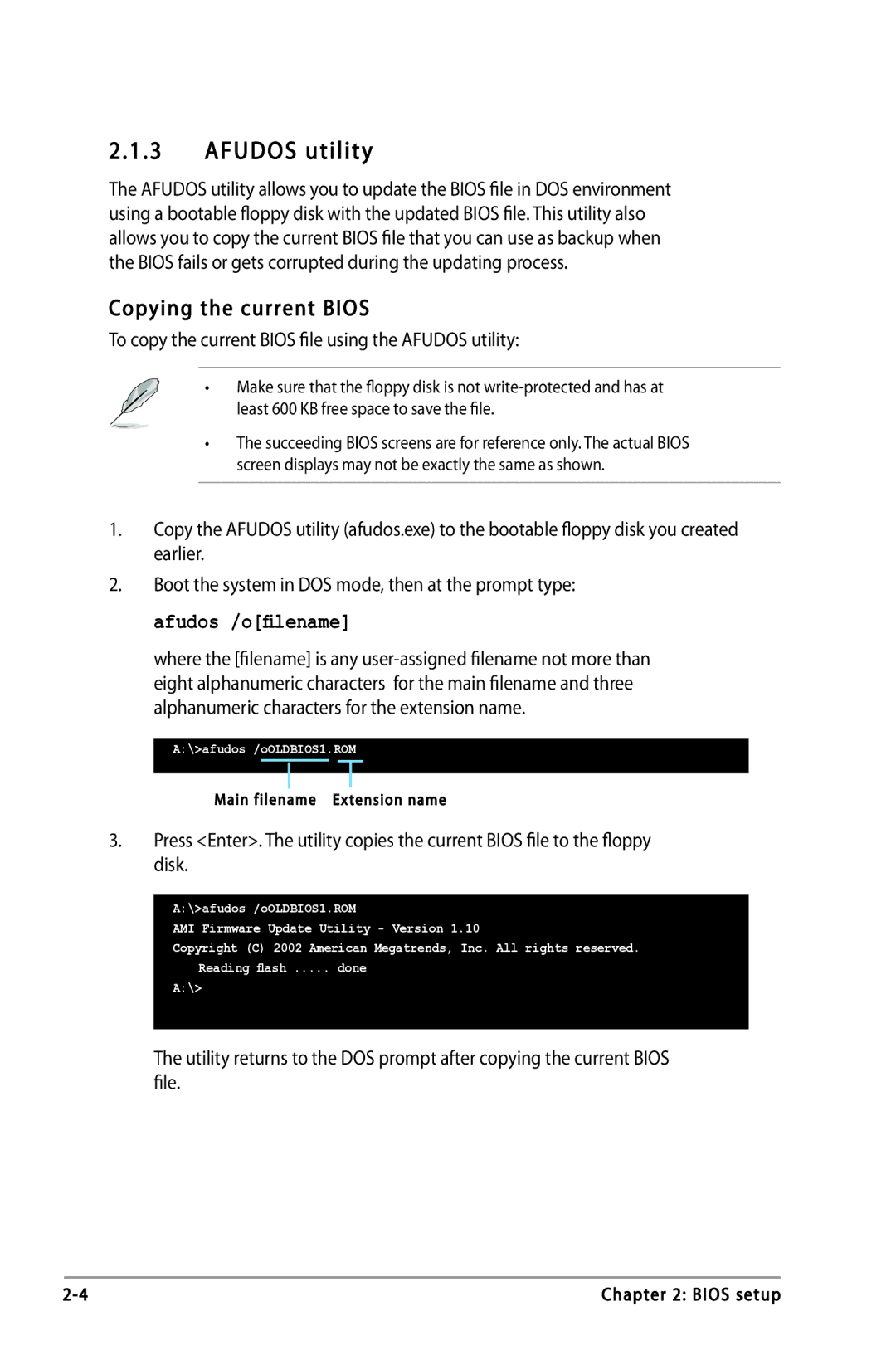 Asus P5LD2-VP, P5LD2-FM, P5LD2-DH manual Copying the current Bios, To copy the current Bios file using the Afudos utility 