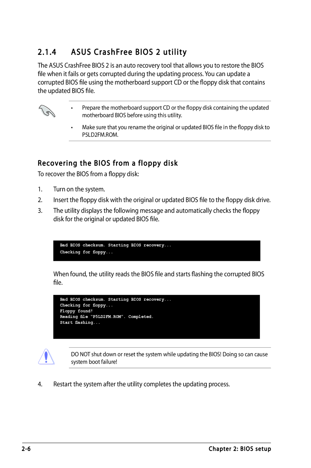 Asus P5LD2-DH, P5LD2-VP, P5LD2-FM manual Recovering the Bios from a floppy disk, Updated Bios file 