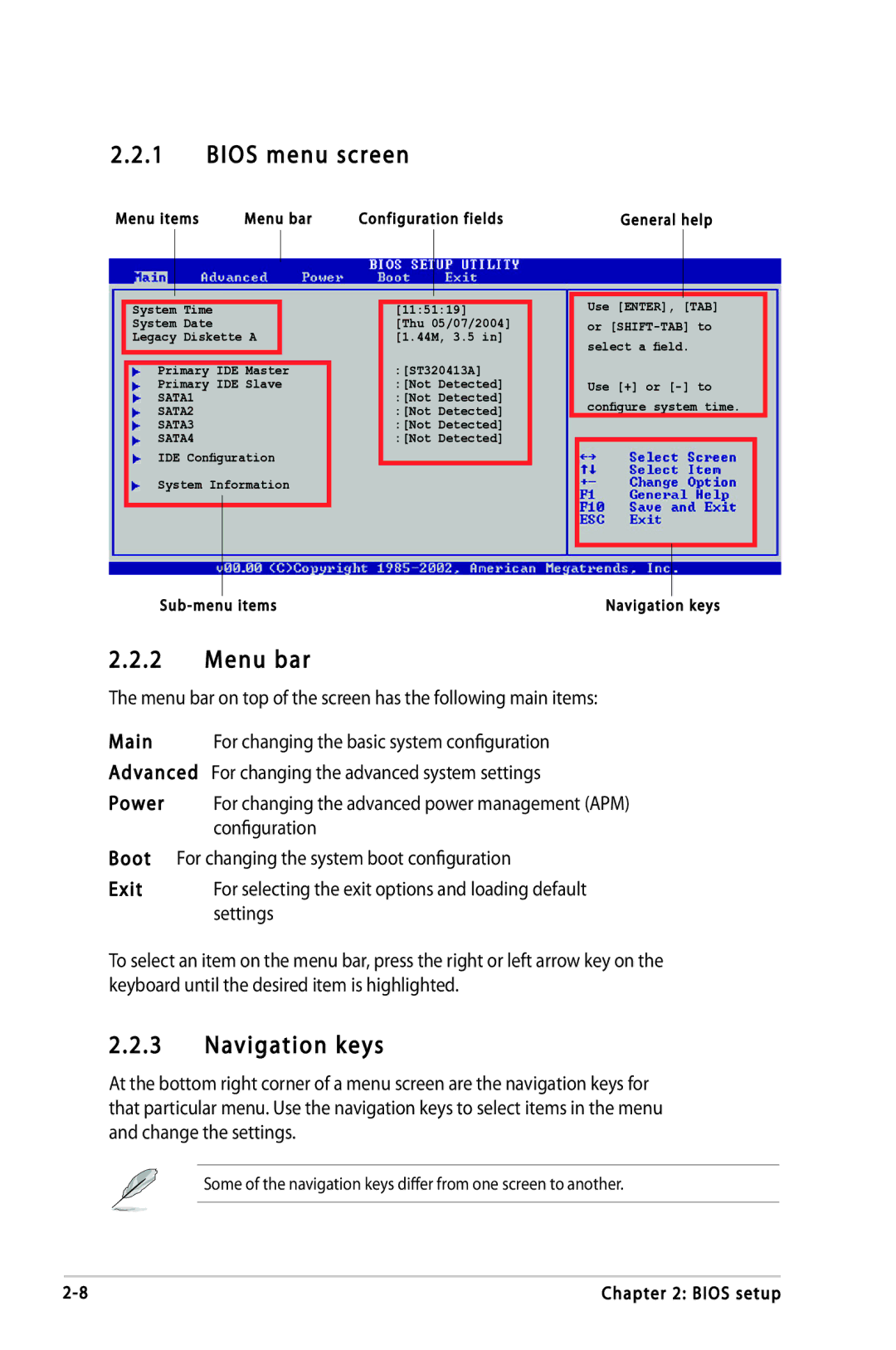 Asus P5LD2-FM, P5LD2-VP, P5LD2-DH manual Bios menu screen, Menu bar, Navigation keys 