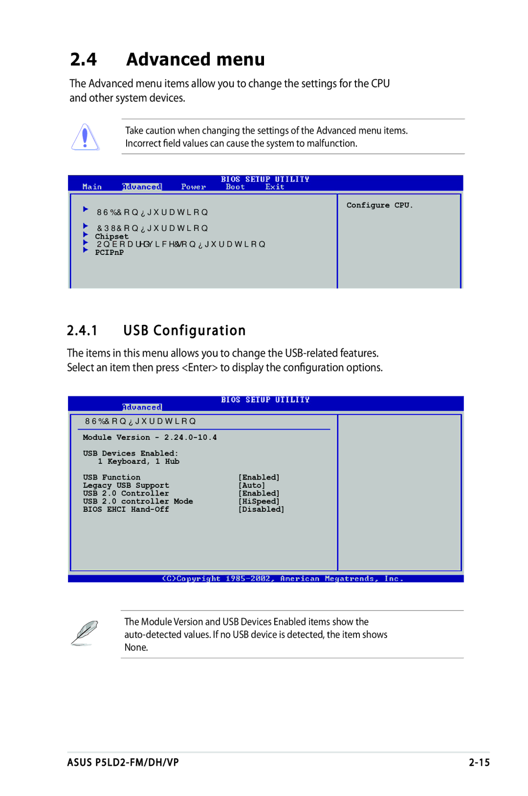 Asus P5LD2-DH, P5LD2-VP, P5LD2-FM manual Advanced menu, USB Configuration 