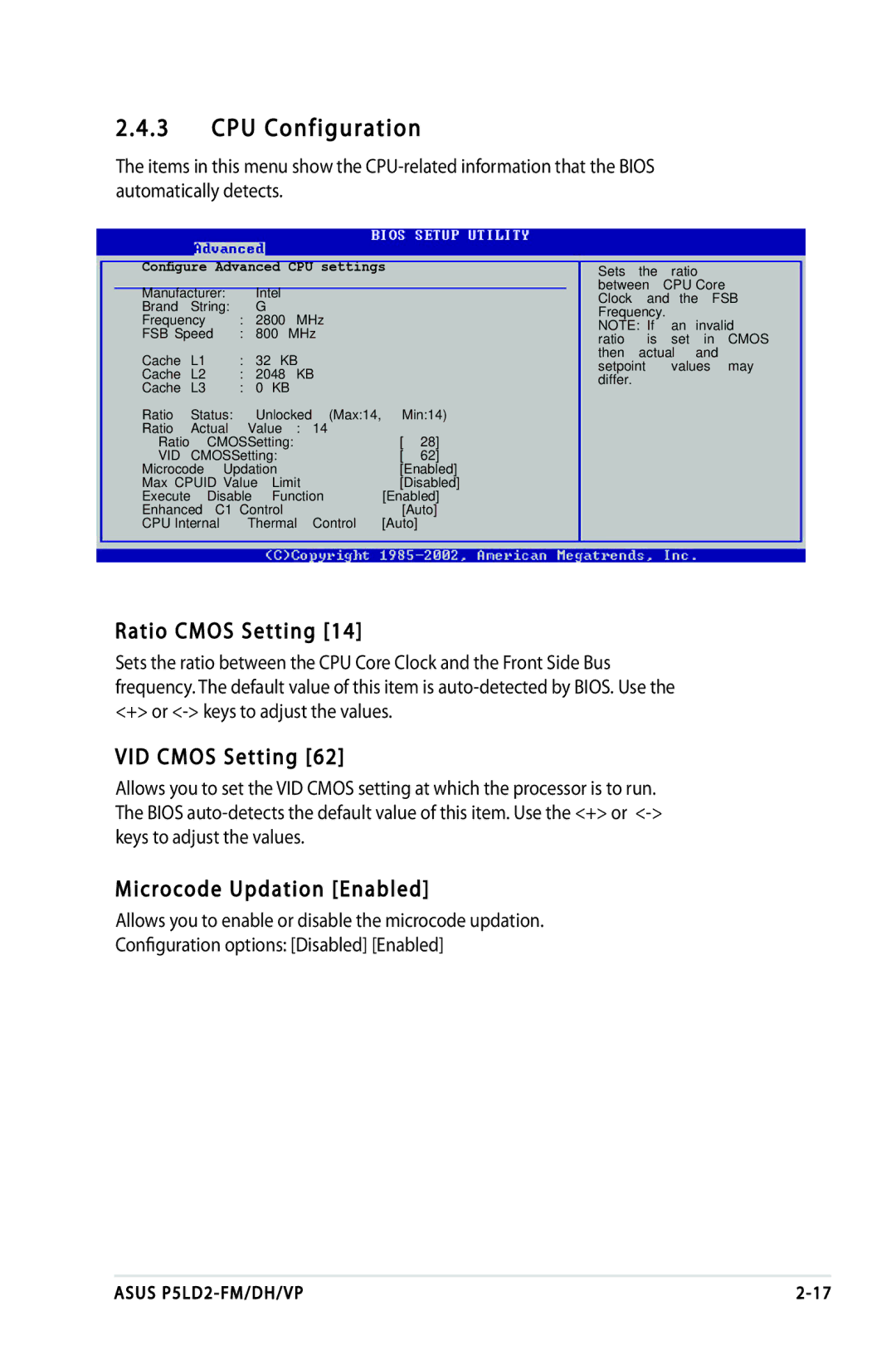 Asus P5LD2-FM, P5LD2-VP, P5LD2-DH manual CPU Configuration, Ratio Cmos Setting, VID Cmos Setting, Microcode Updation Enabled 