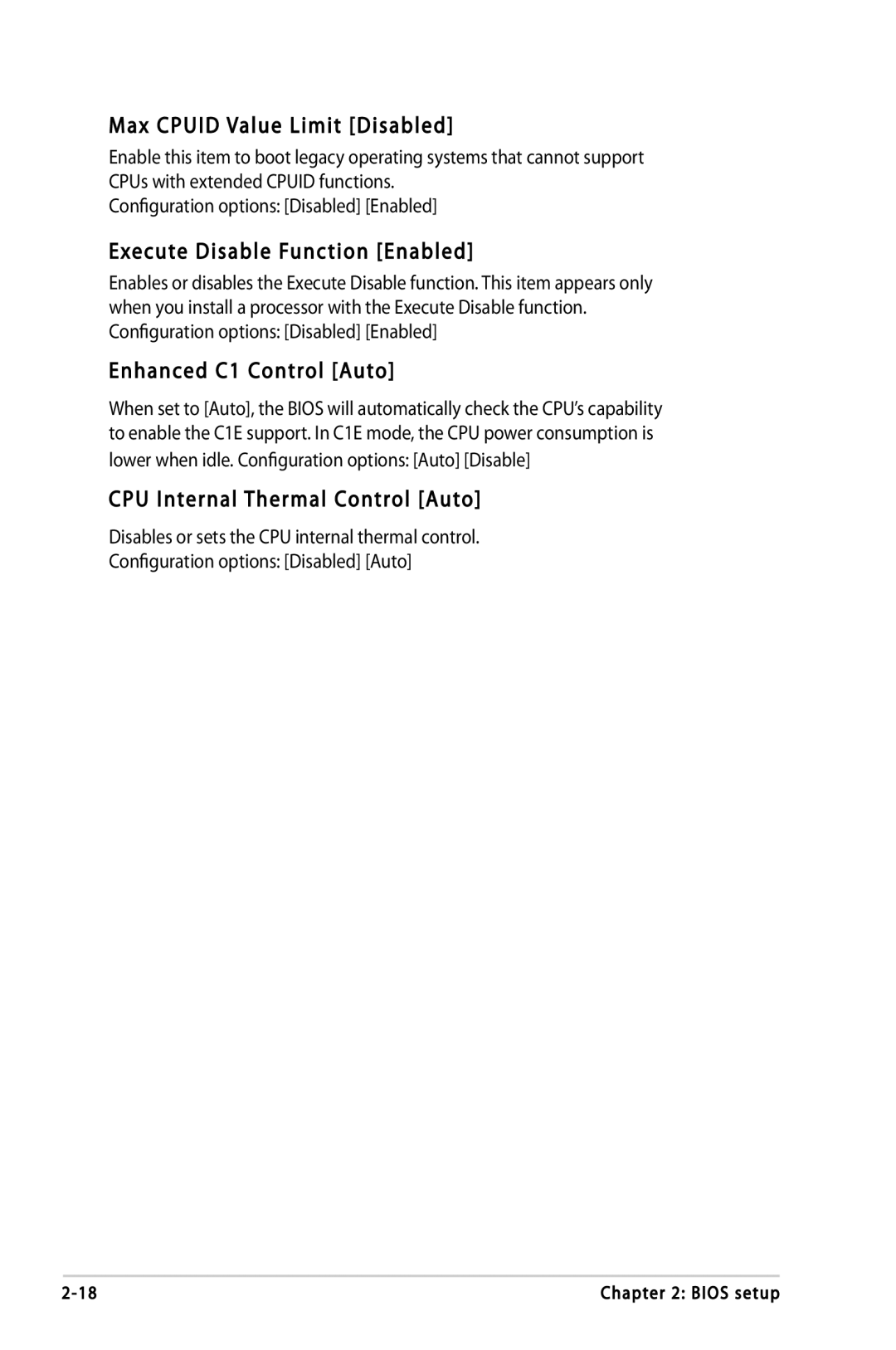 Asus P5LD2-DH, P5LD2-VP manual Max Cpuid Value Limit Disabled, Execute Disable Function Enabled, Enhanced C1 Control Auto 