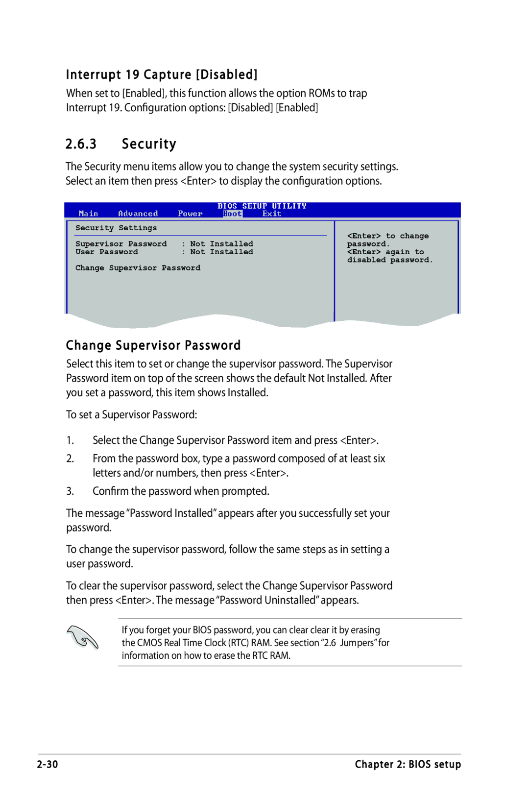 Asus P5LD2-DH, P5LD2-VP, P5LD2-FM manual Security, Interrupt 19 Capture Disabled, Change Supervisor Password 