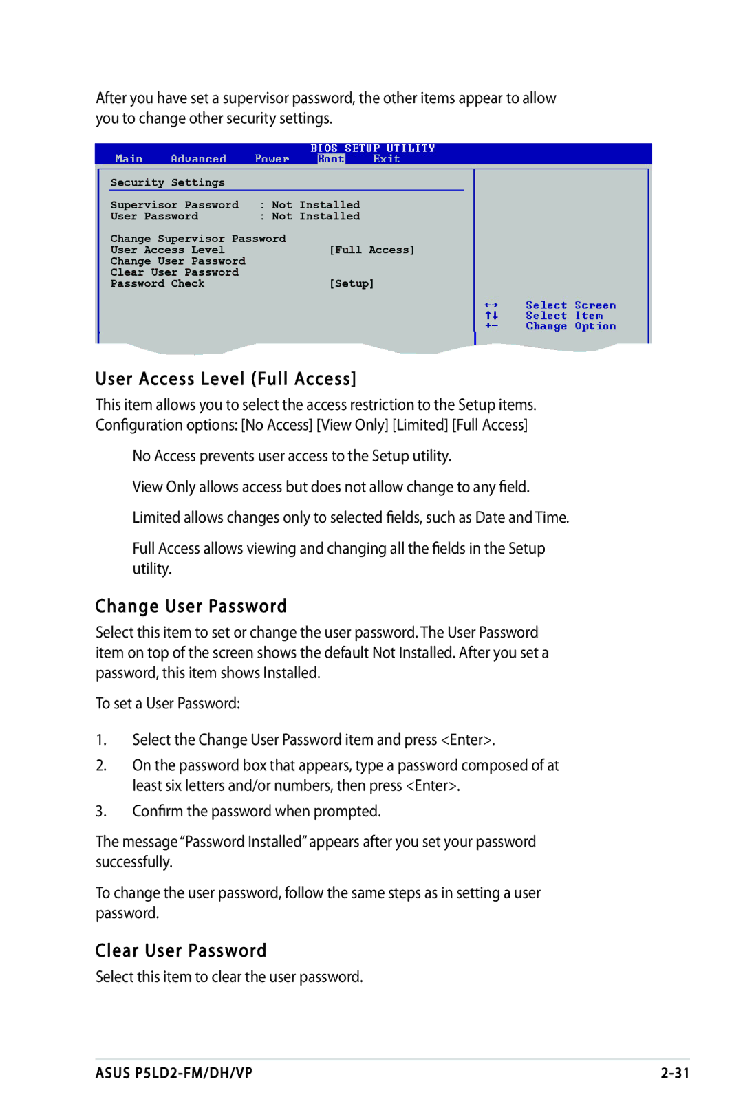 Asus P5LD2-VP, P5LD2-FM, P5LD2-DH manual User Access Level Full Access, Change User Password, Clear User Password 